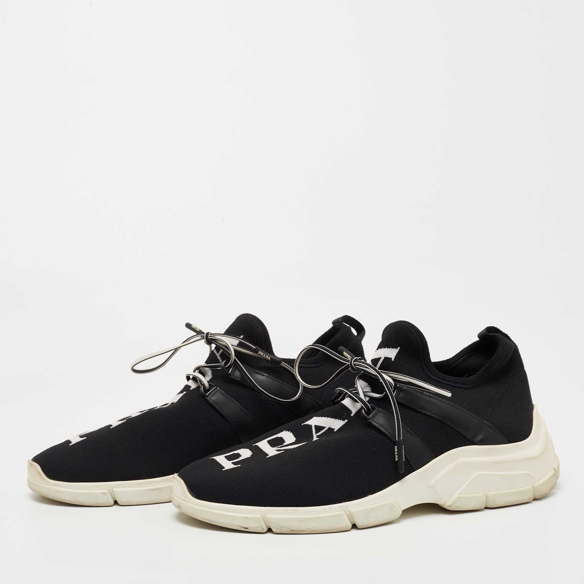 

Prada Black Logo Print Knit Fabric and Leather Low Top Sneakers Size
