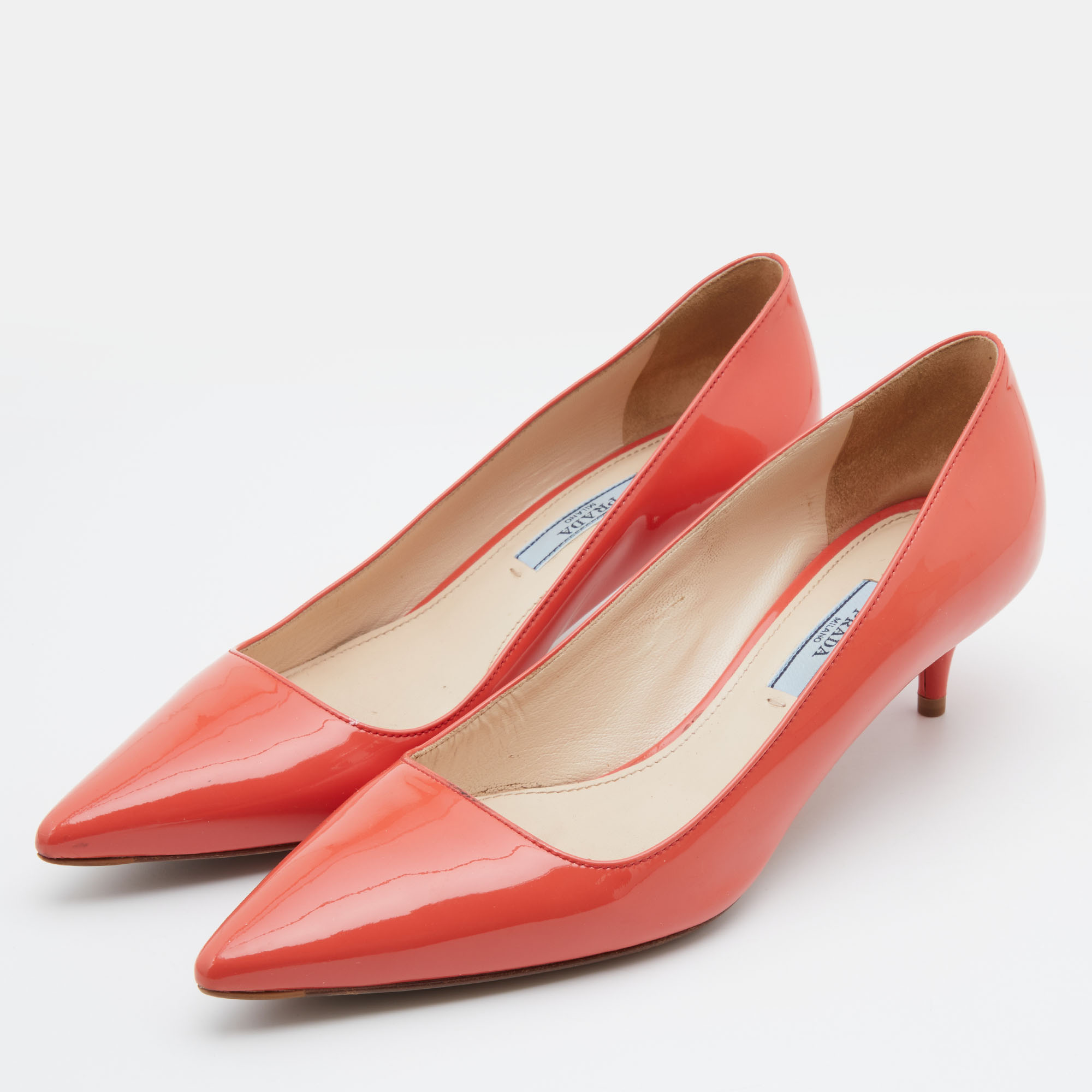 

Prada Orange Patent Leather Pointed Toe Kitten Heel Pumps Size