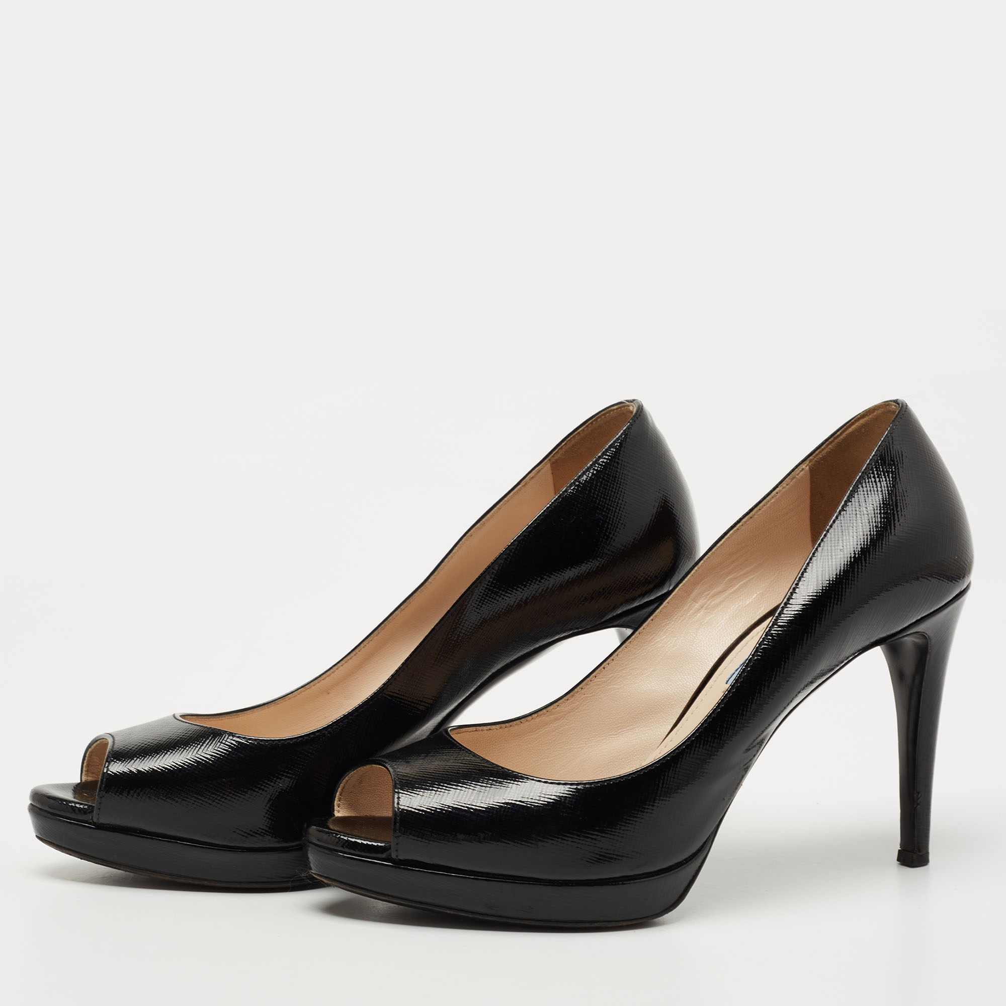 

Prada Black Vernice Saffiano Leather Peep Toe Platform Pumps Size