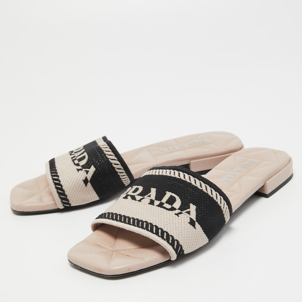 

Prada Beige/Black Logo Print Canvas Flat Slides Size