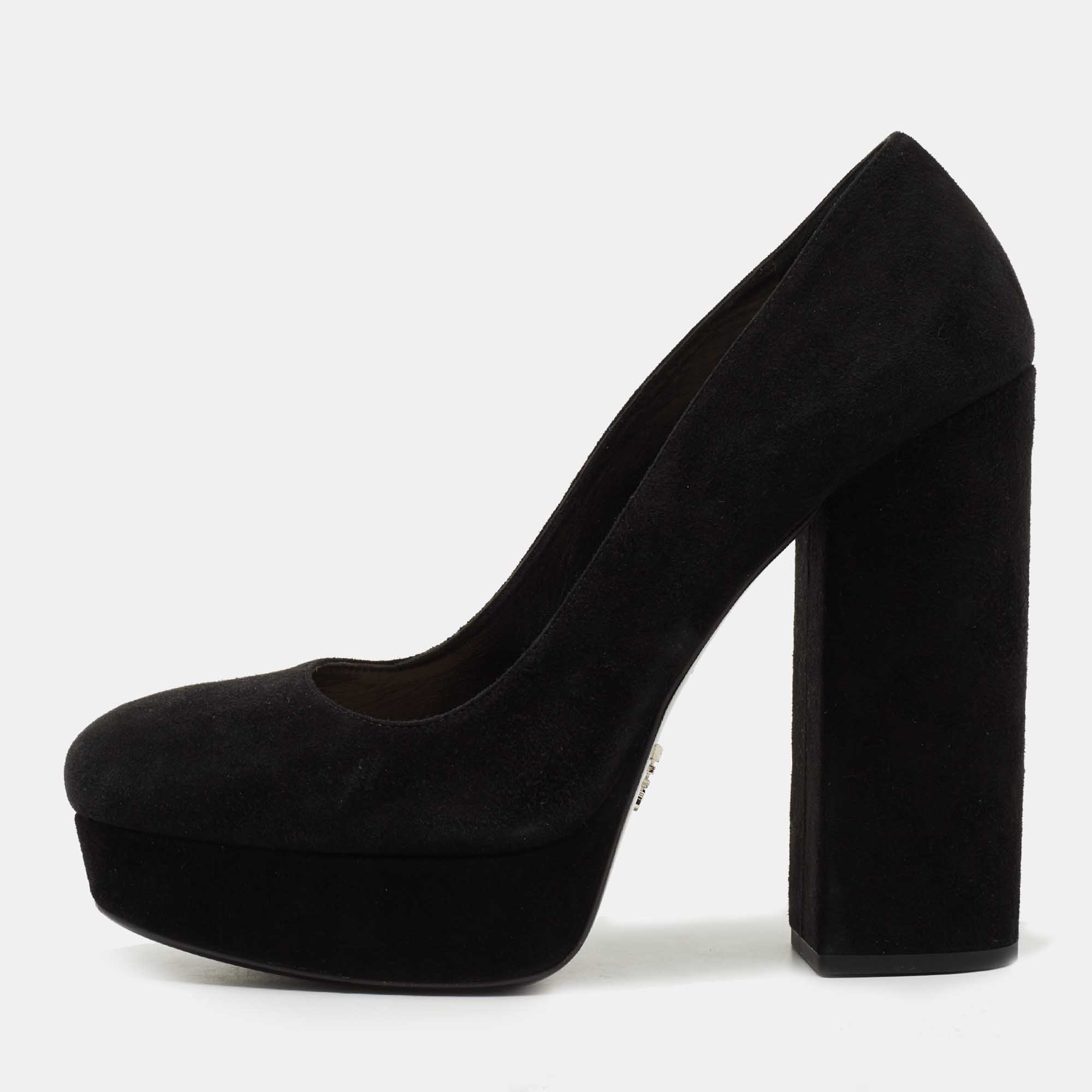Pre-owned Prada Black Suede Platform Block Heel Pumps Size 38