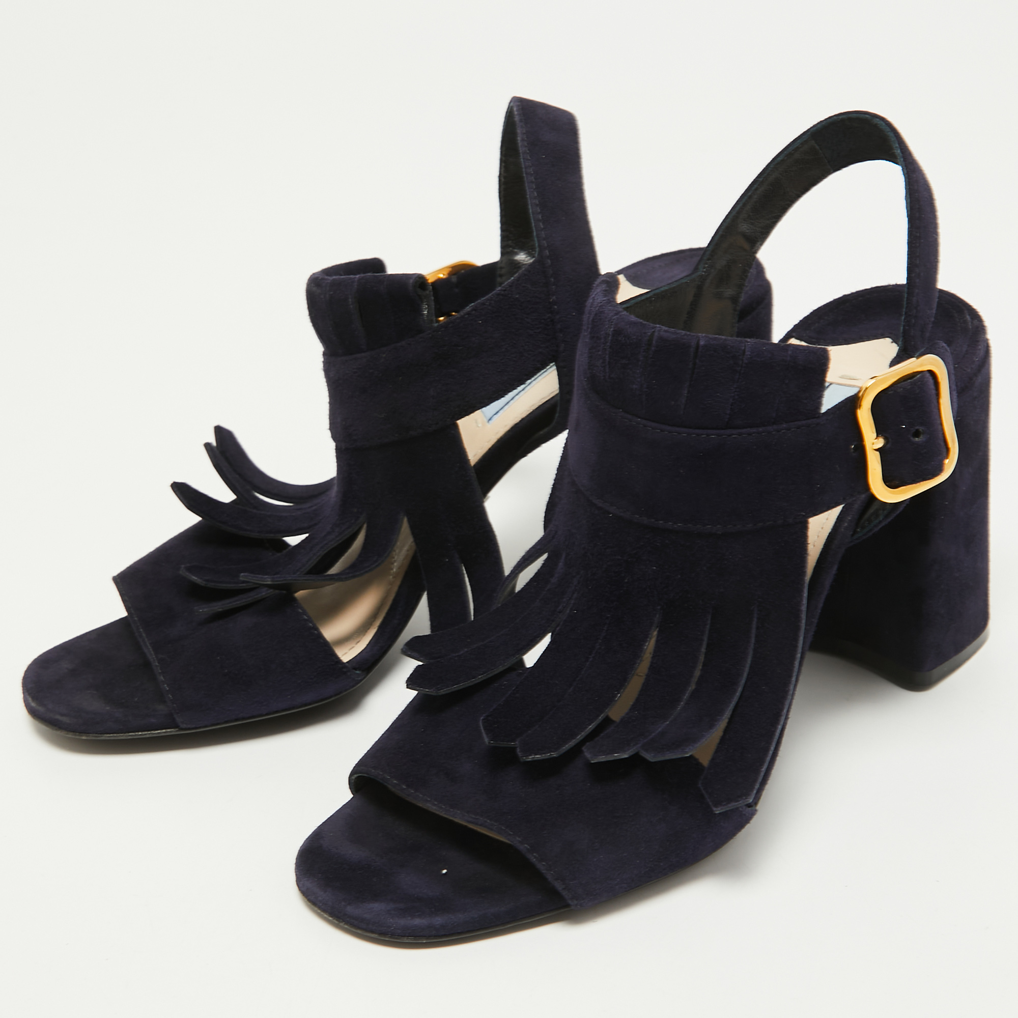 

Prada Navy Blue Suede Fringe Ankle Strap Sandals Size