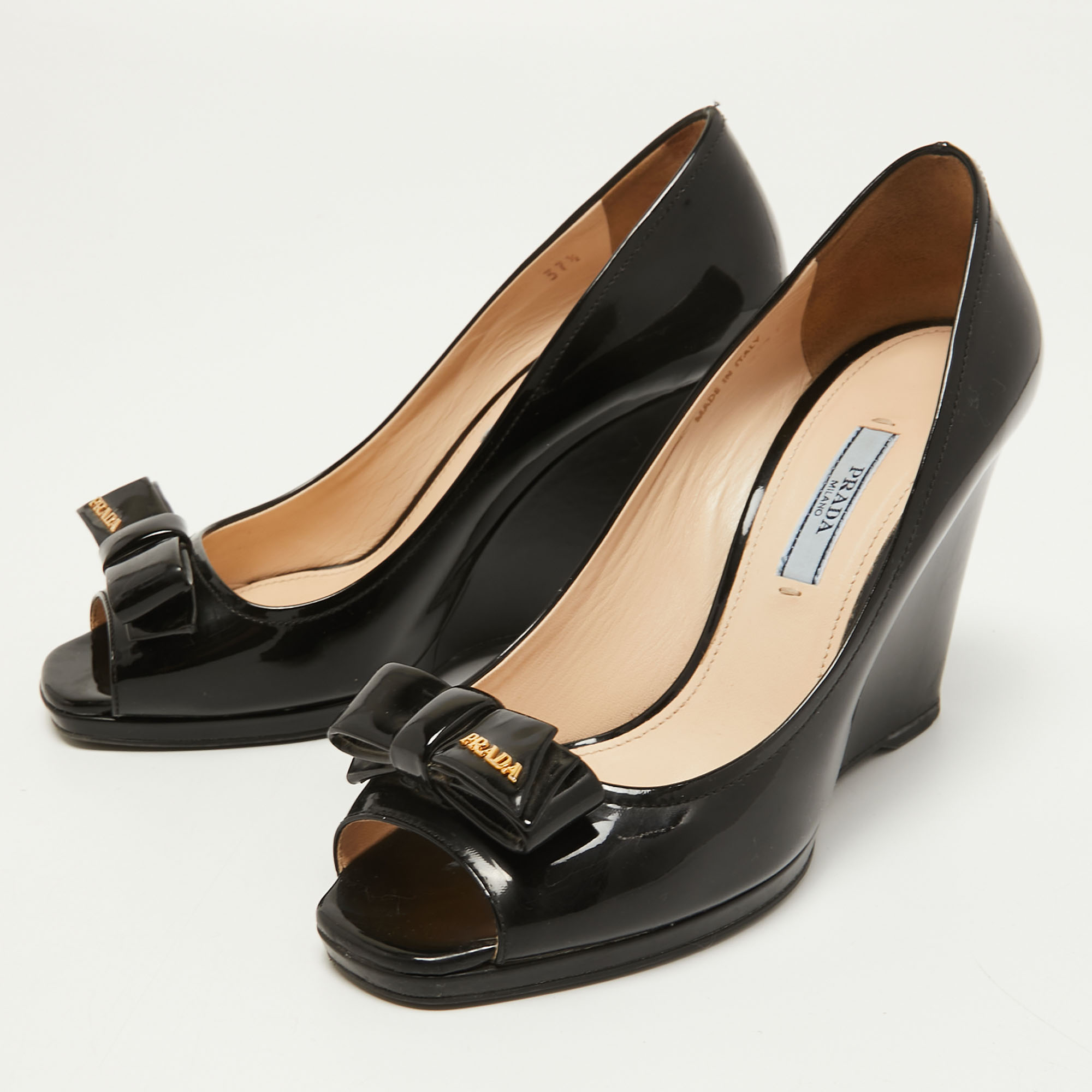 

Prada Black Patent Leather Bow Peep Toe Wedge Pumps Size