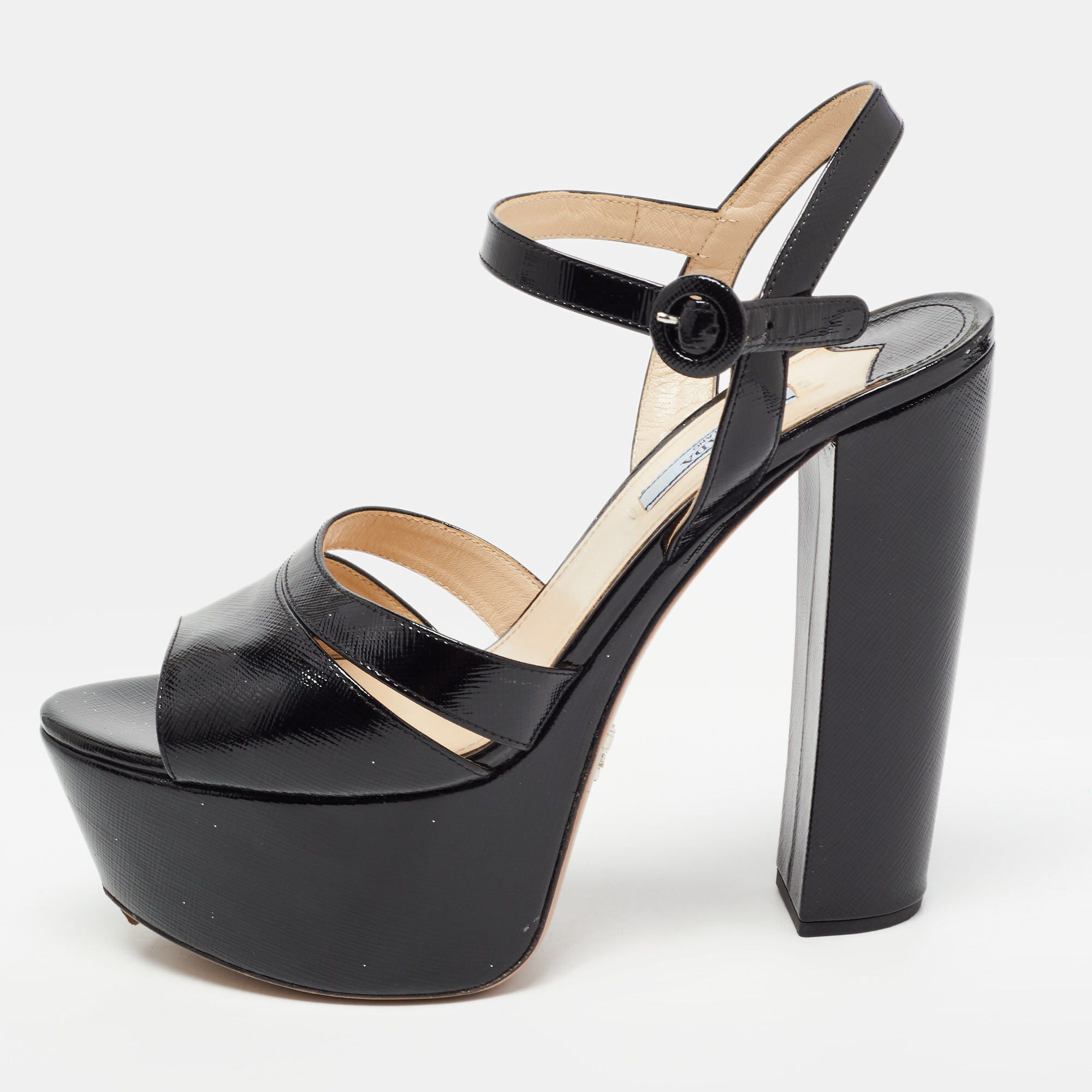 Pre-owned Prada Black Vernice Saffiano Leather Platform Ankle Strap ...