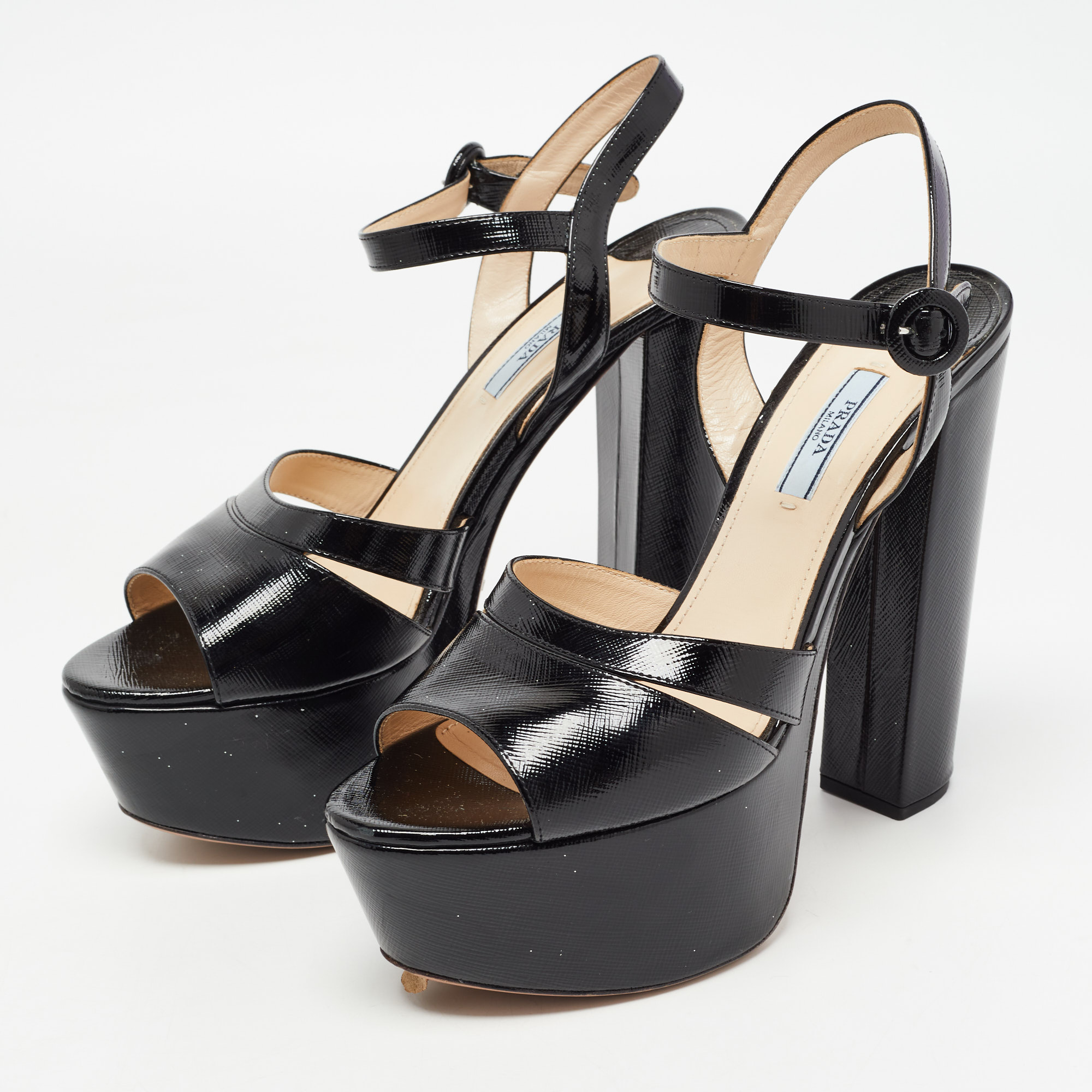 

Prada Black Vernice Saffiano Leather Platform Ankle Strap Sandals Size