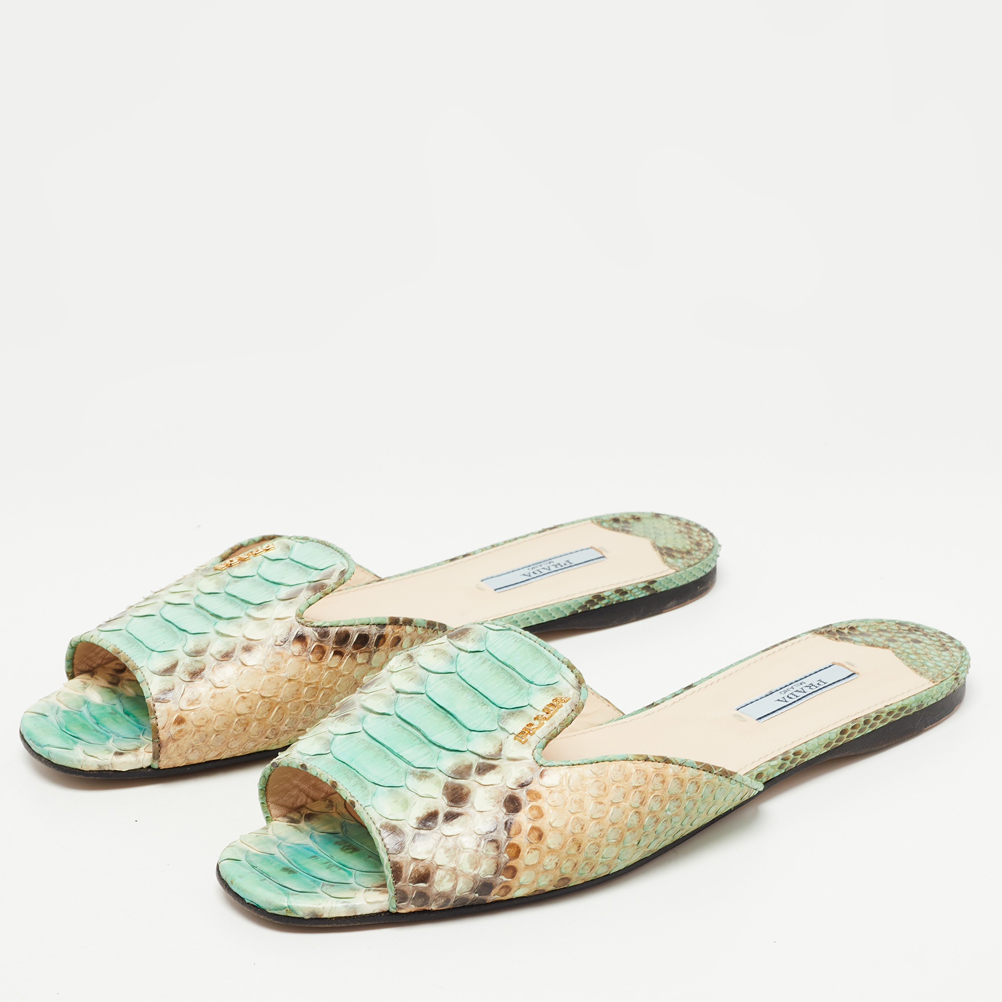 

Prada Green/Brown Python Flat Slides Size