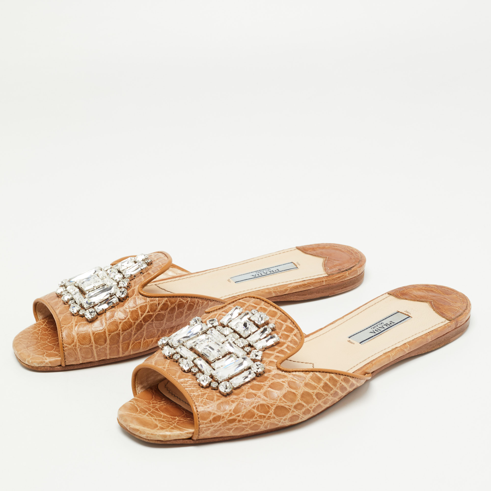 

Prada Brown Croc Embossed Leather Crystal Embellished Flat Slides Size, Silver