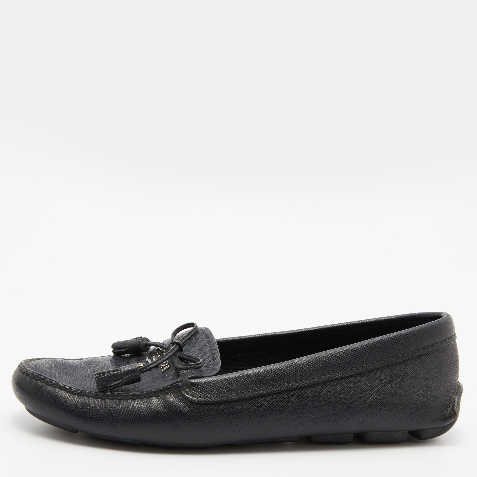 Pre-owned Prada Black Leather Bow Detail Loafers Size 38