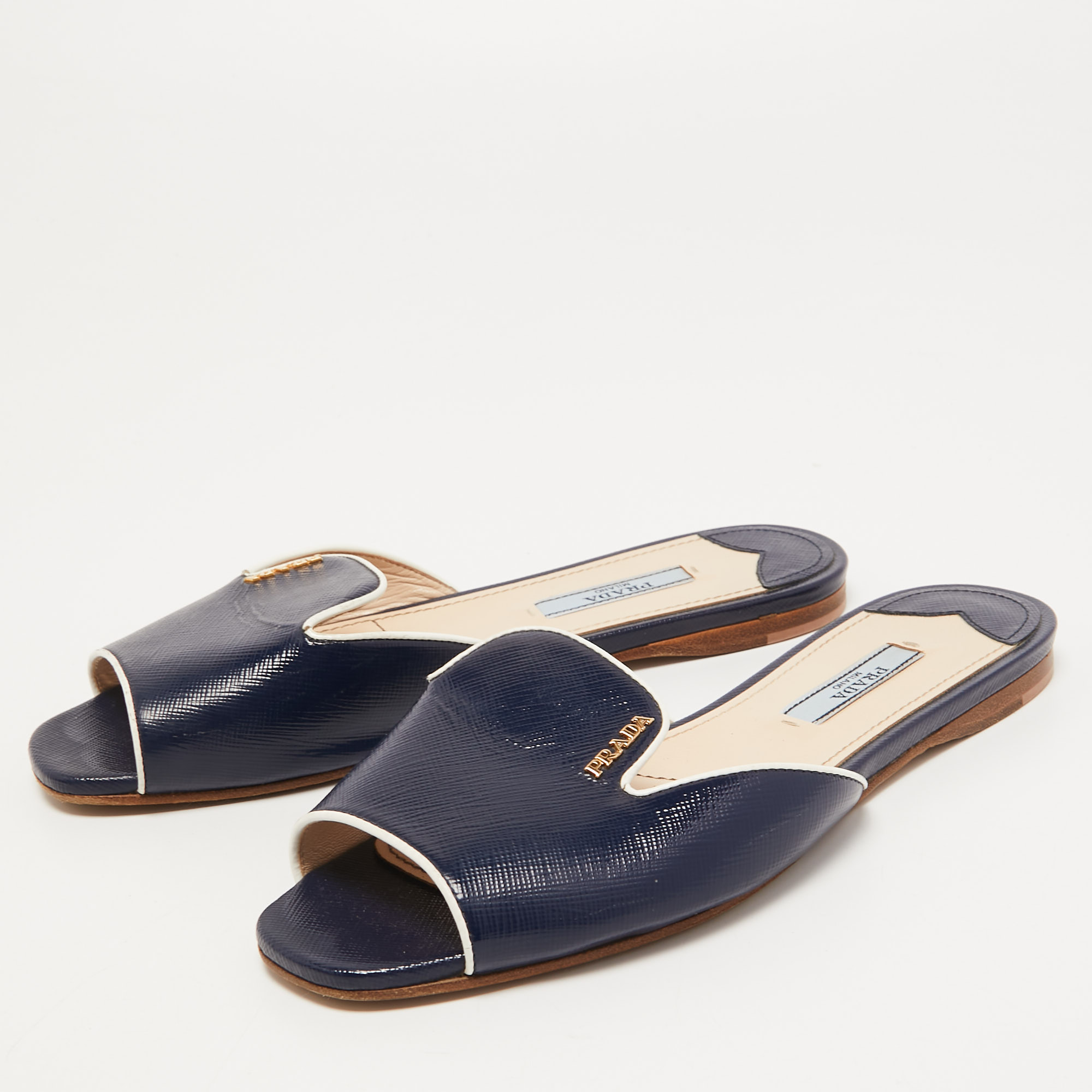 

Prada Navy Blue Vernice Saffiano Leather Flat Slides Size