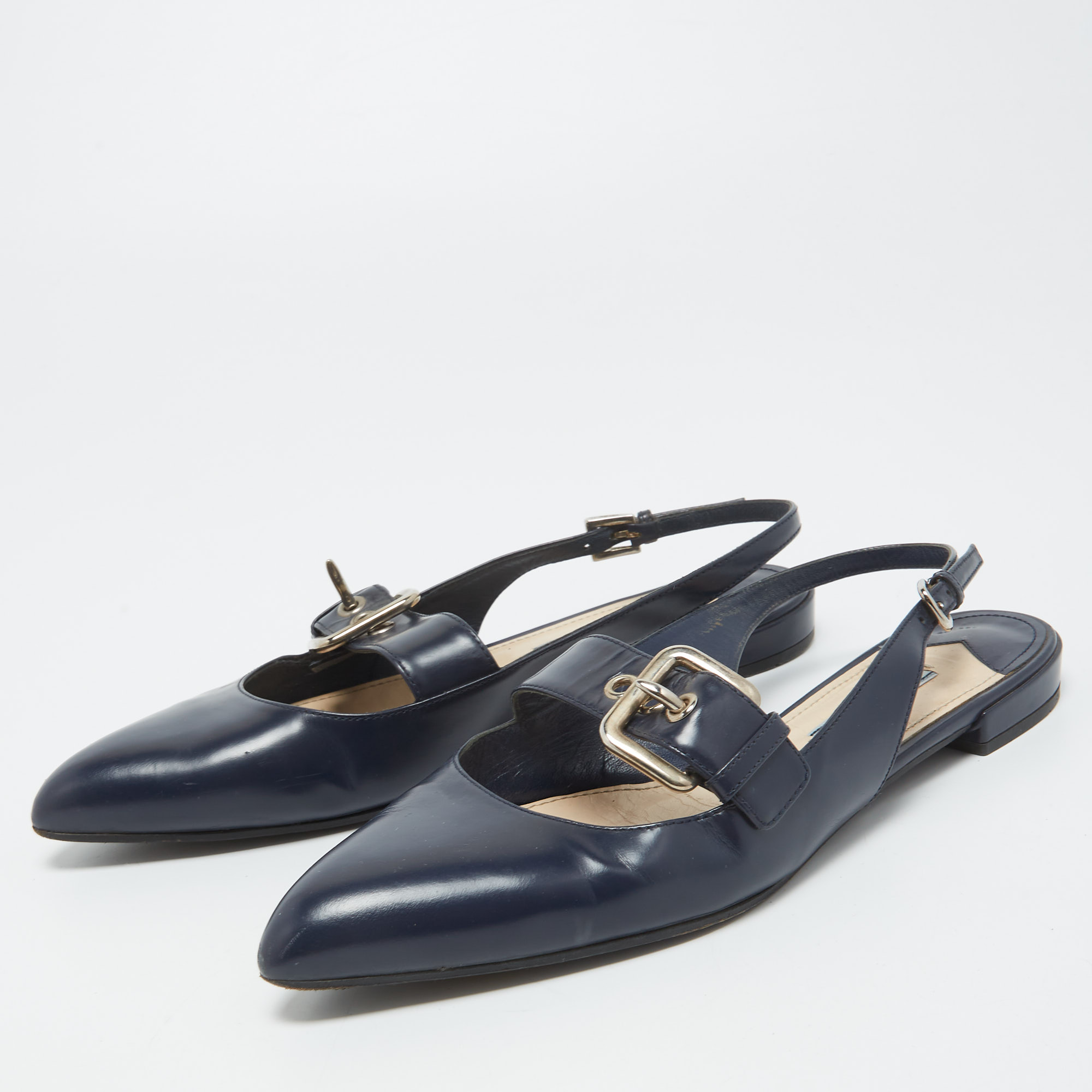 

Prada Navy Blue Leather Buckle Slingback Flats Size