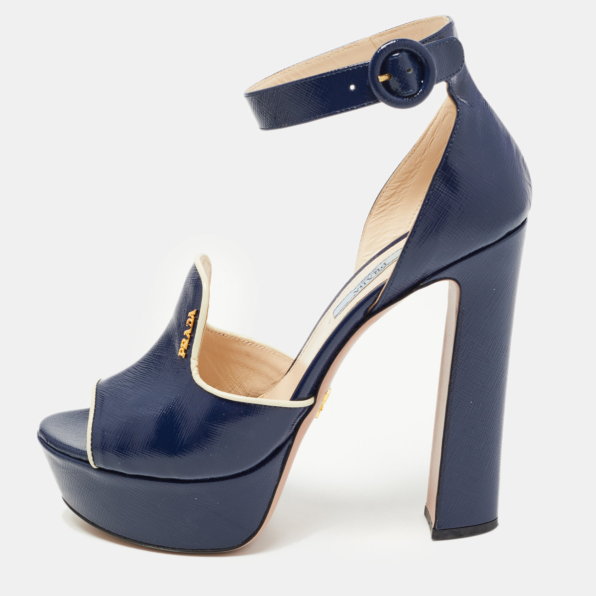 Pre-owned Prada Navy Blue Patent Platform Ankle Strap Sandals Size 39