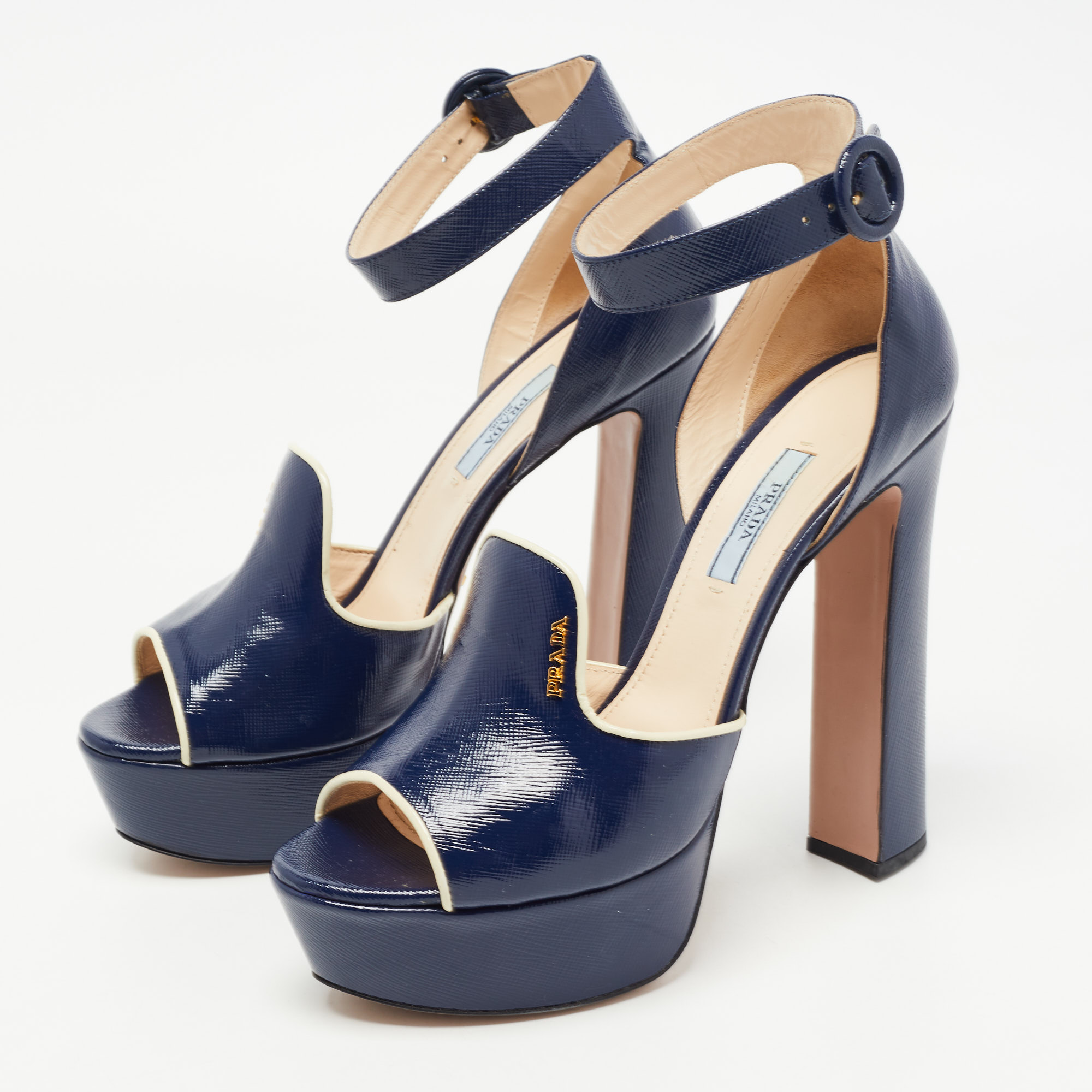 

Prada Navy Blue Patent Platform Ankle Strap Sandals Size