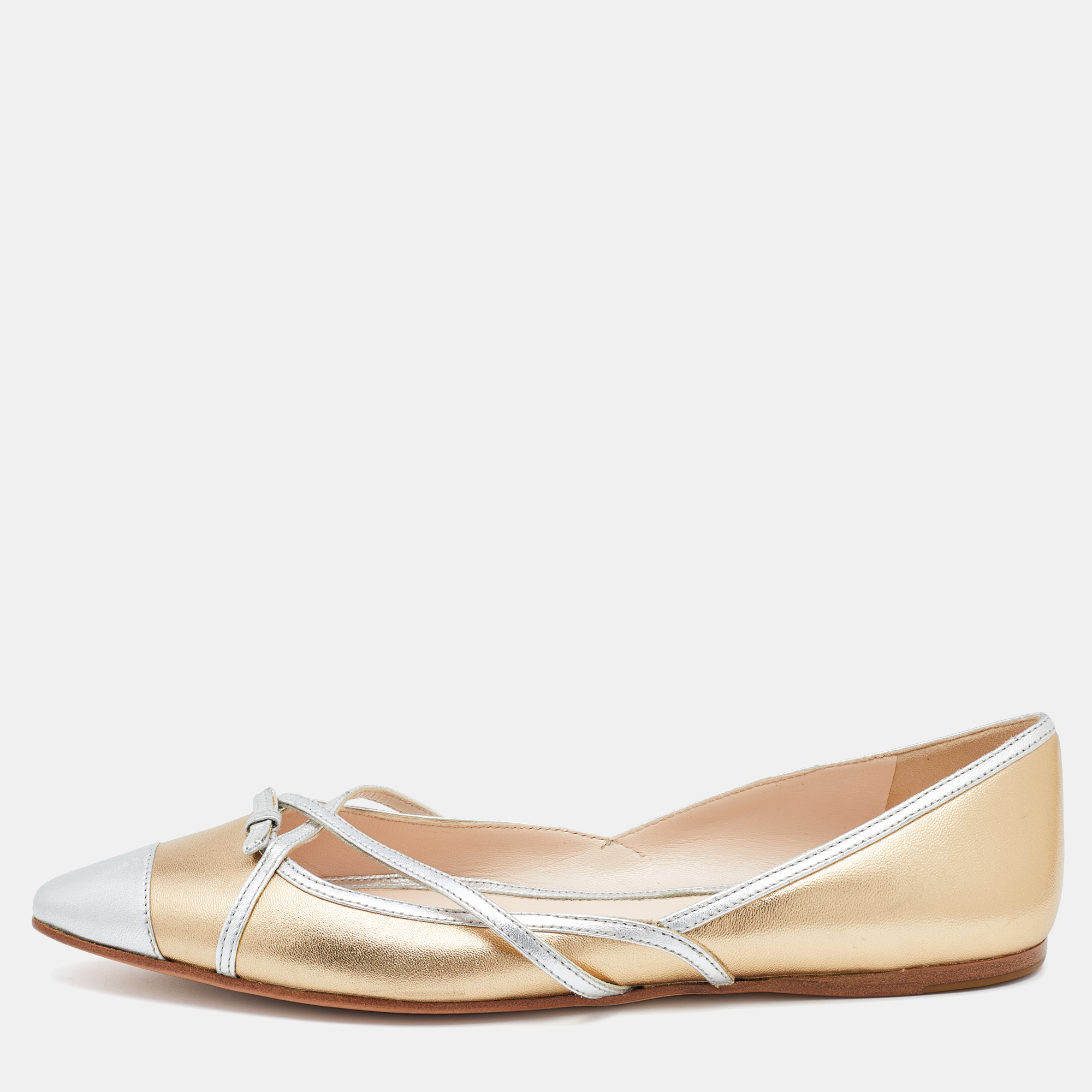 Pre-owned Prada Gold/silver Leather Bow Pointed Toe Ballet Flats Size 38