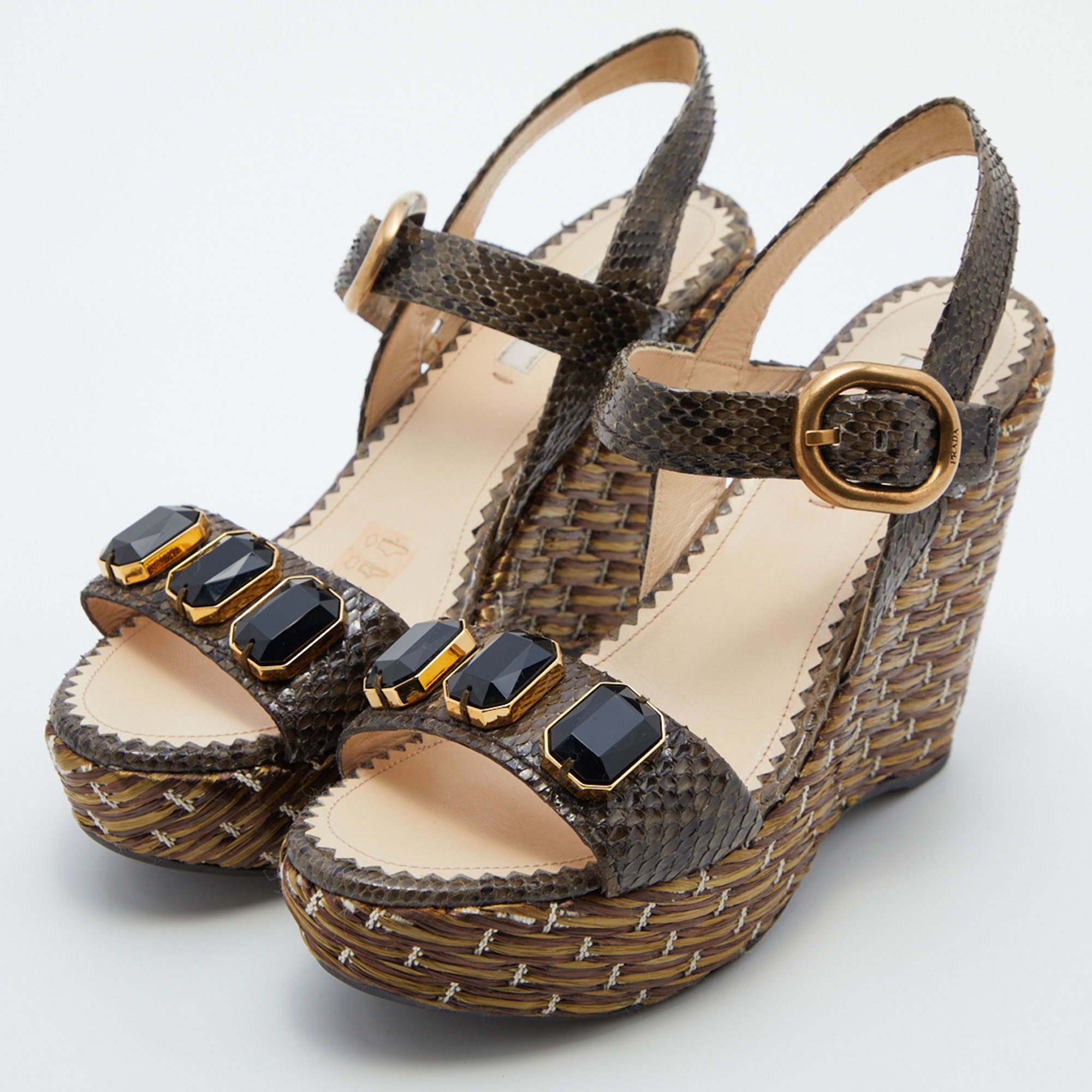 

Prada Green Raffia and Python Platform Wedge Sandals Size