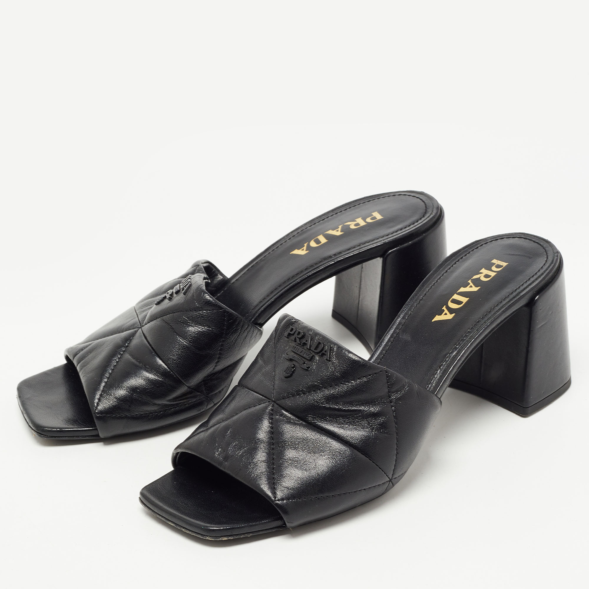 

Prada Black Leather Quilted Block Heel Slide Sandals Size