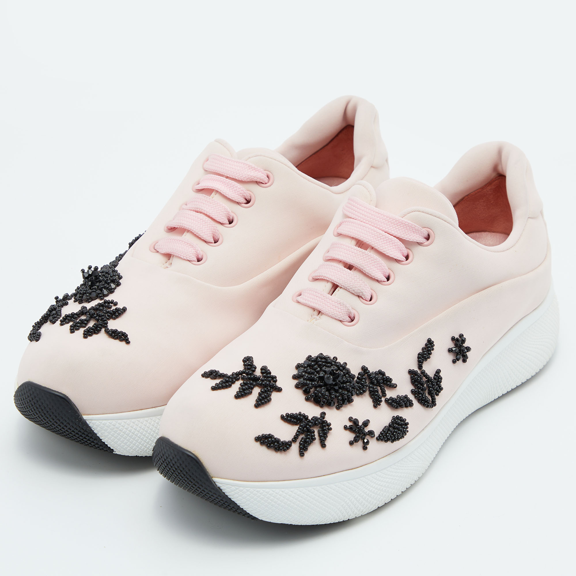 

Prada Pink Neoprene Beads Embellished Cloudbust Lace Up Sneakers Size