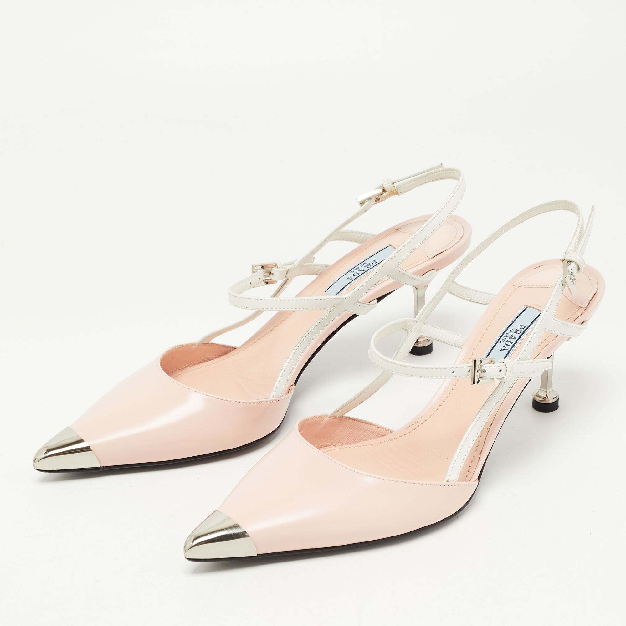 

Prada Pink/White Leather Pointed Toe Slingback Pumps Size
