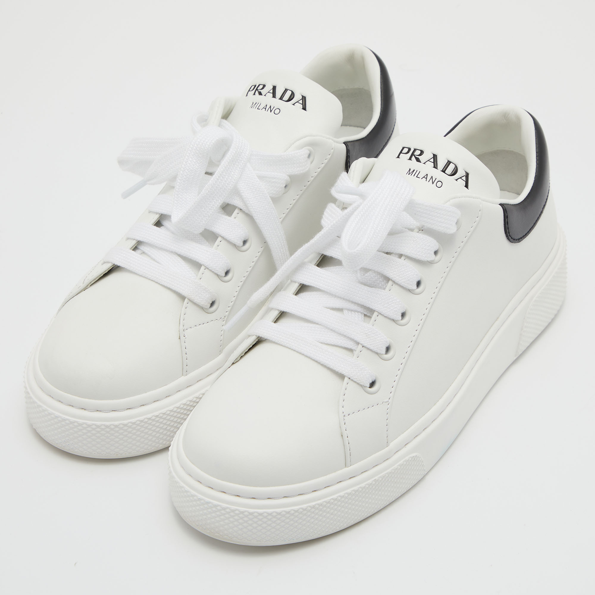 

Prada White/Black Leather Macro Lace Up Sneakers Size