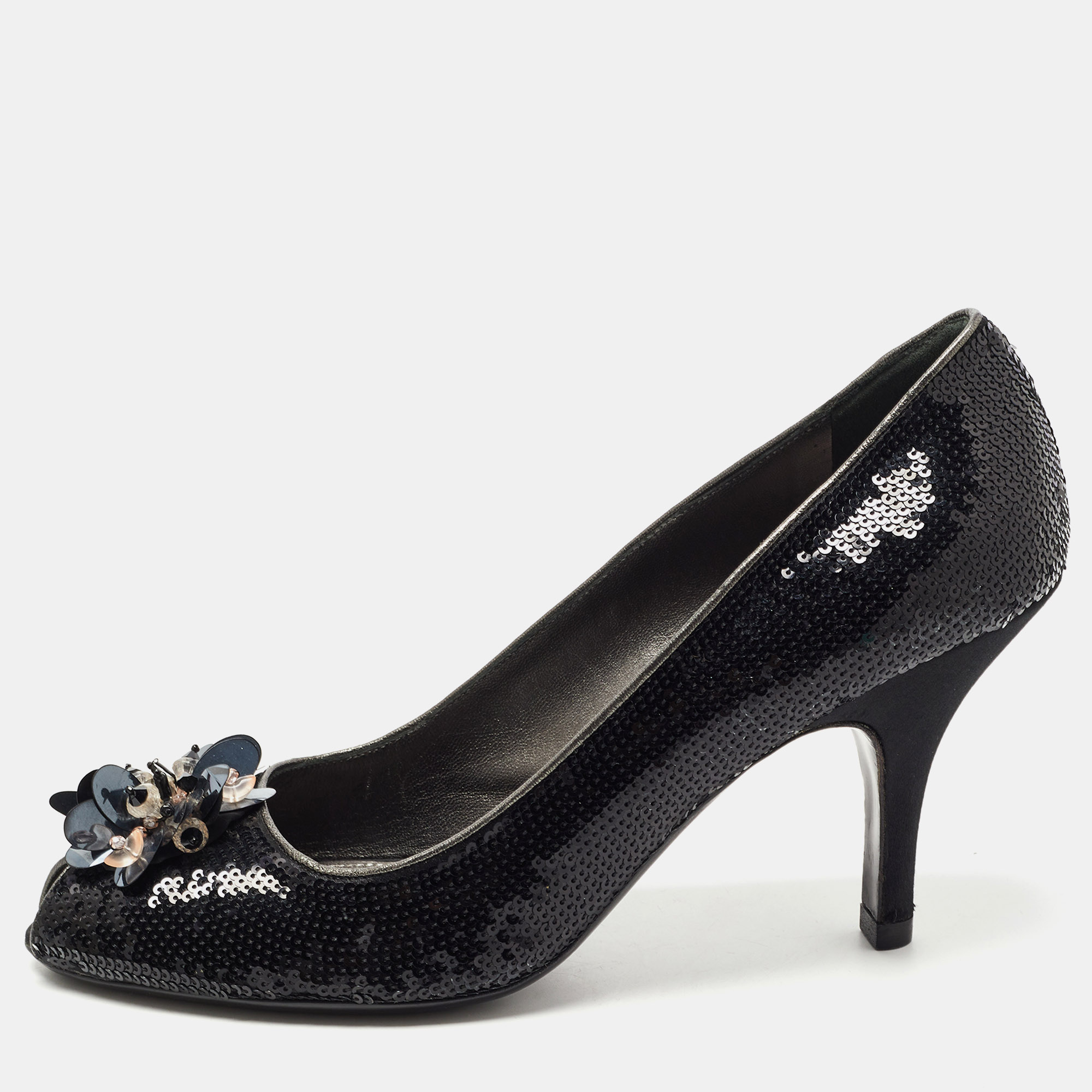 

Prada Black Leather and Sequin Flower Embellished Peep Toe Pumps Size