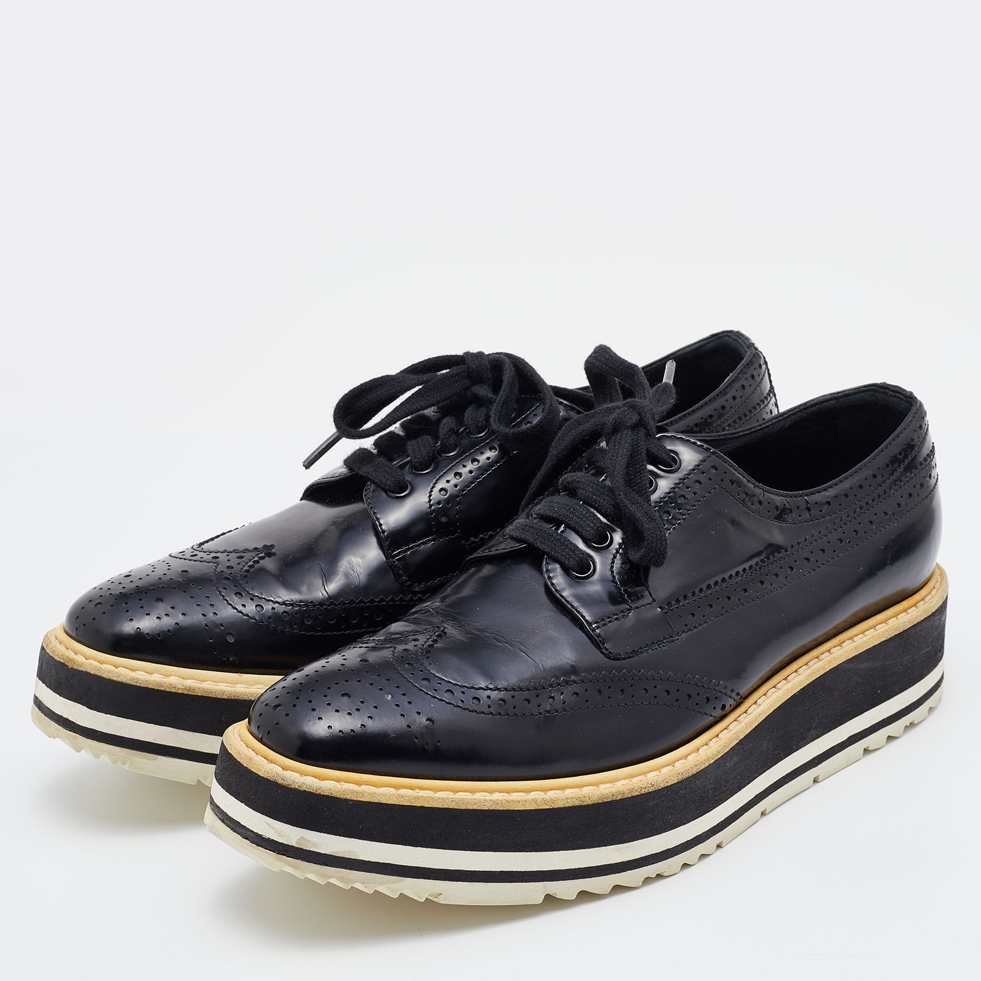 

Prada Black Patent Leather Brogues Platform Derby Size