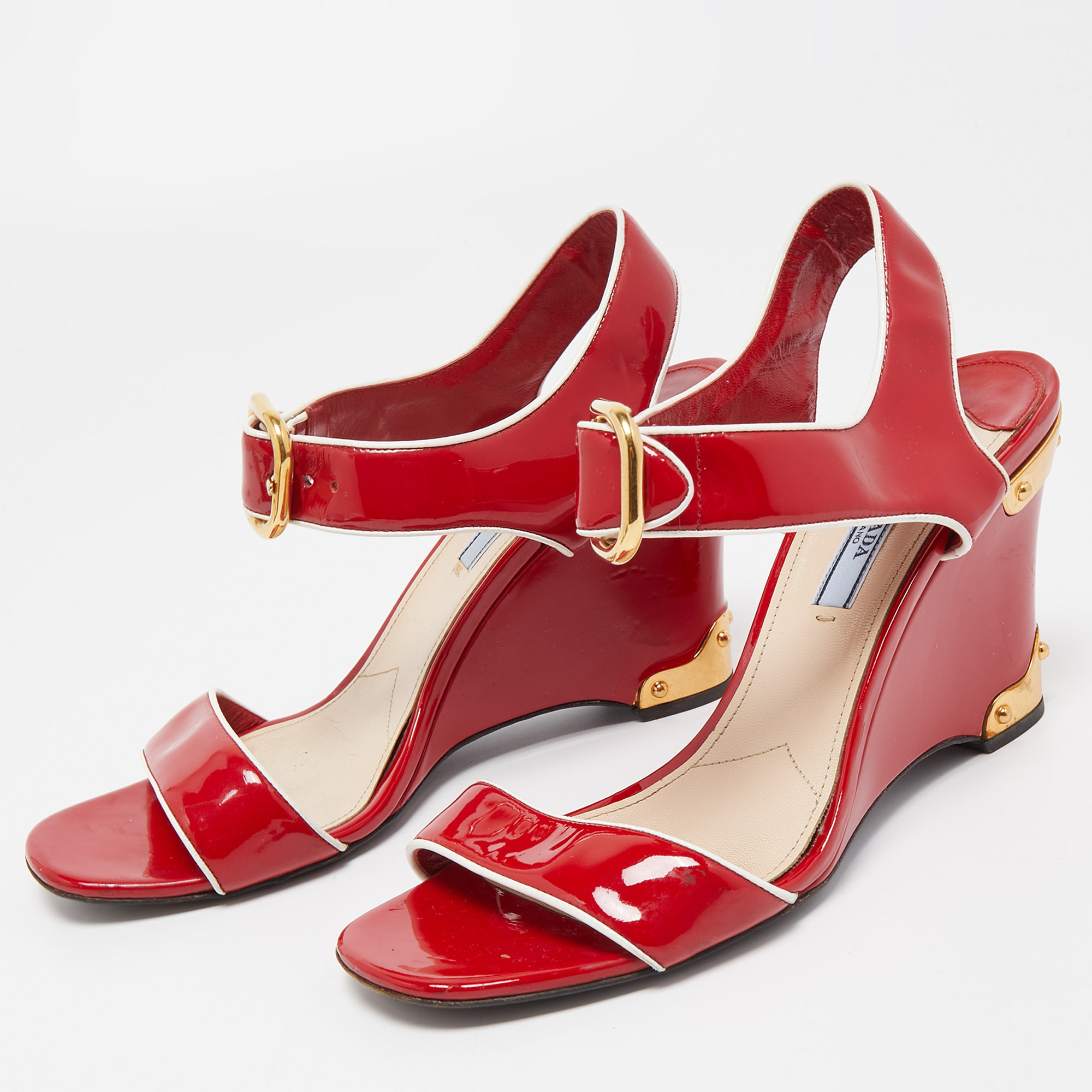 

Prada Red Patent Leather Ankle Strap Wedge Sandals Size