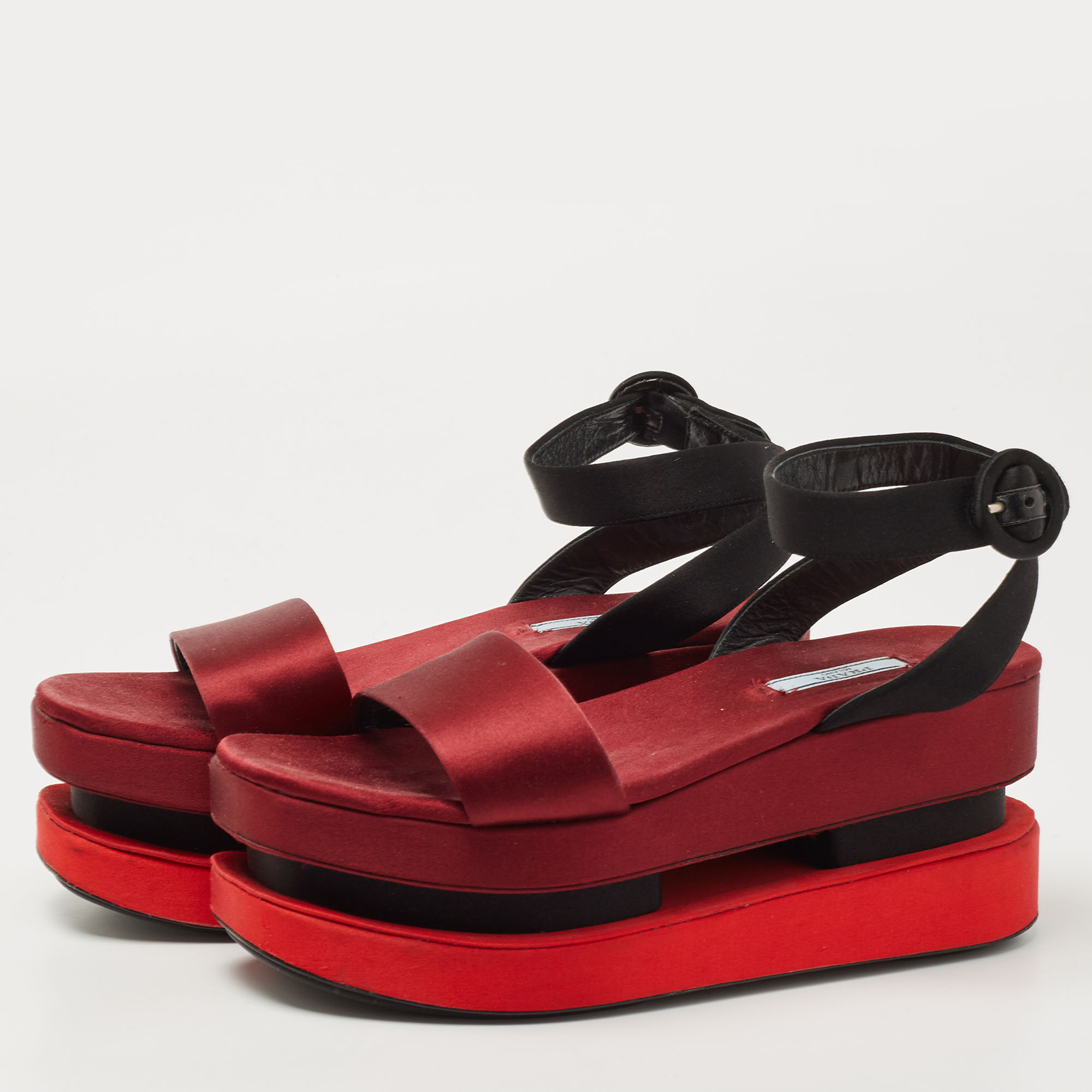 

Prada TriColor Satin Merlot and Poppy Dual Platform Ankle Strap Sandals Size, Burgundy