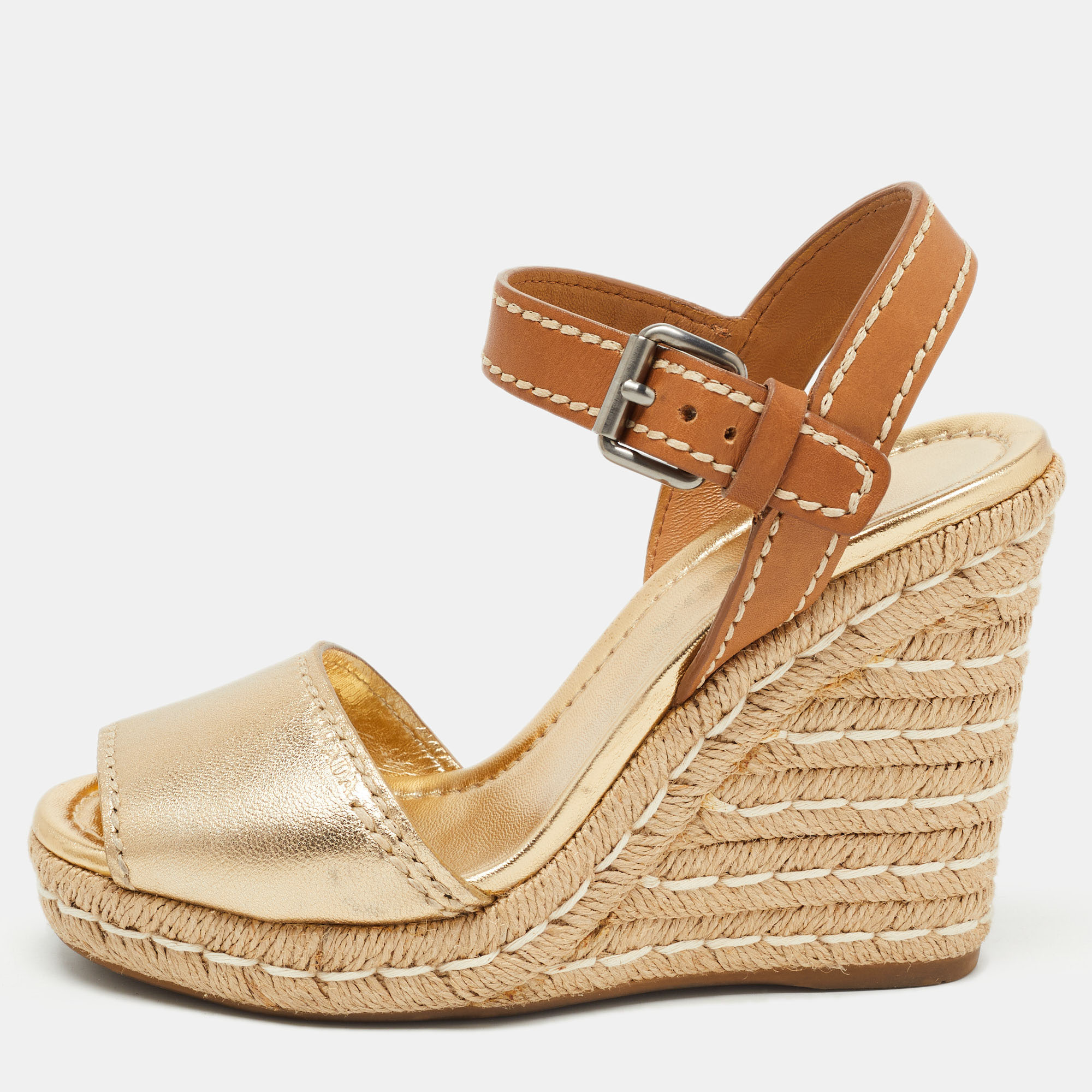Prada Gold/Brown Leather Espadrille Wedge Sandals Size 36