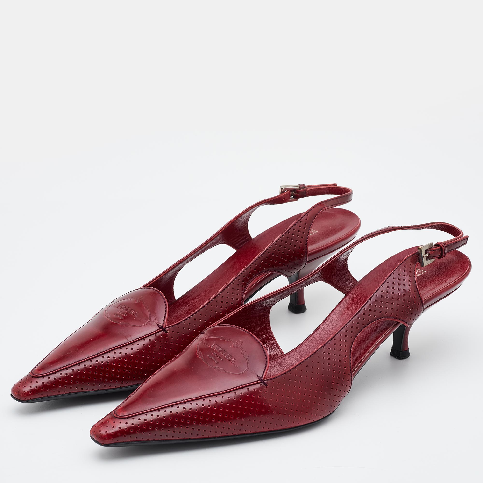 

Prada Red Perforated Leather Pointed Toe Slingback Pumps Size