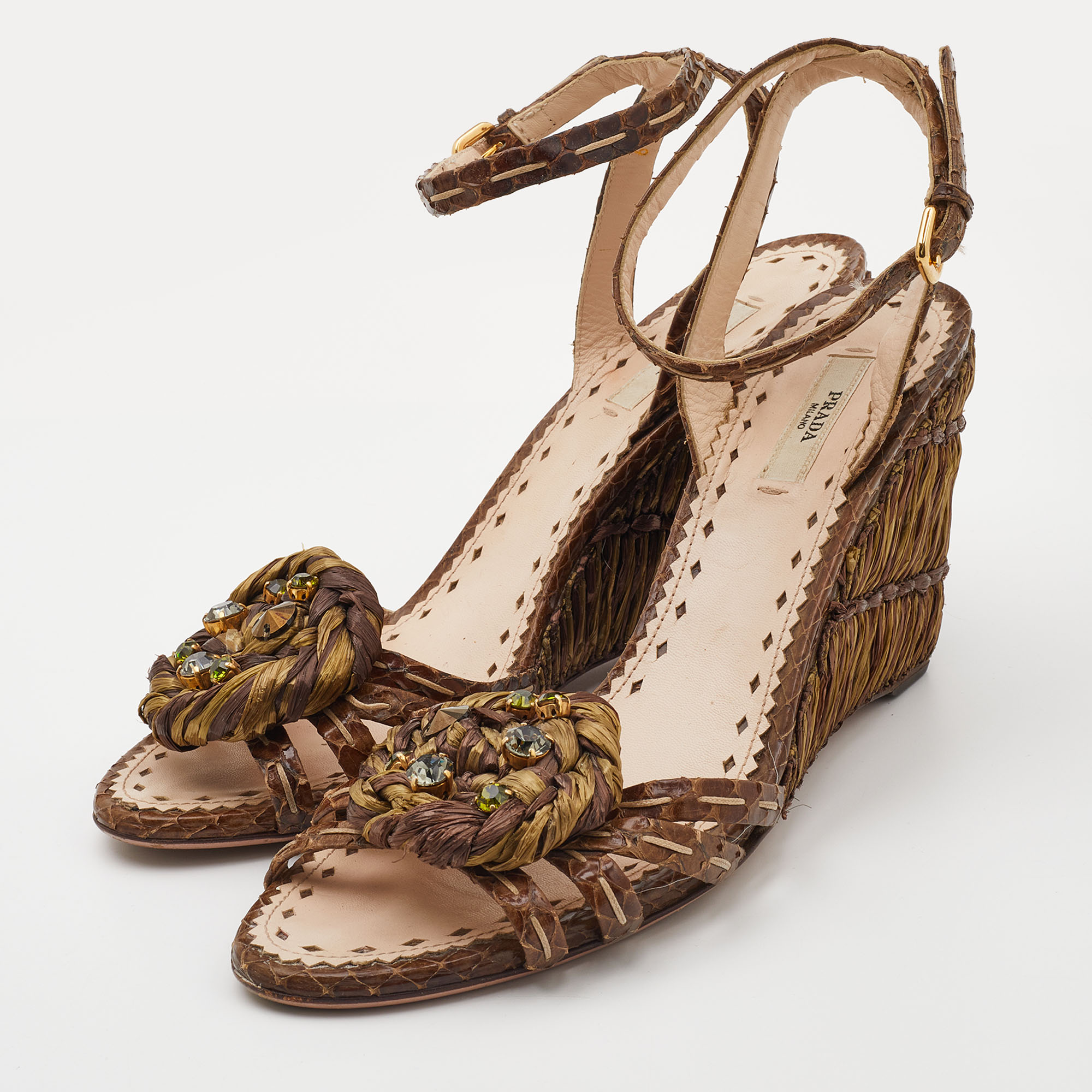 

Prada Brown Raffia and Watersnake Leaather Ankle Strap Wedge Sandals Size