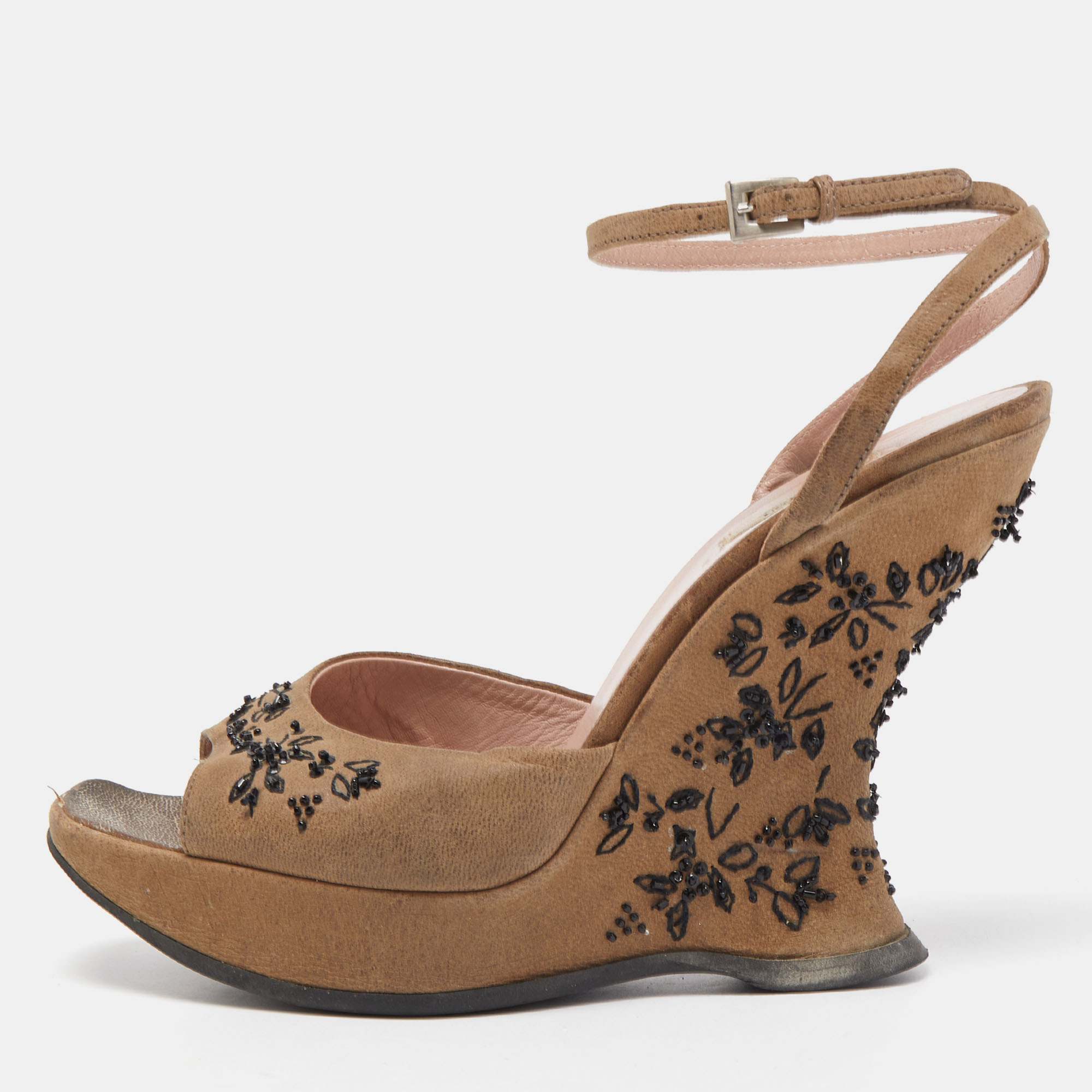

Prada Brown Nubuck Leather Embellished Wedge Ankle Strap Sandals Size