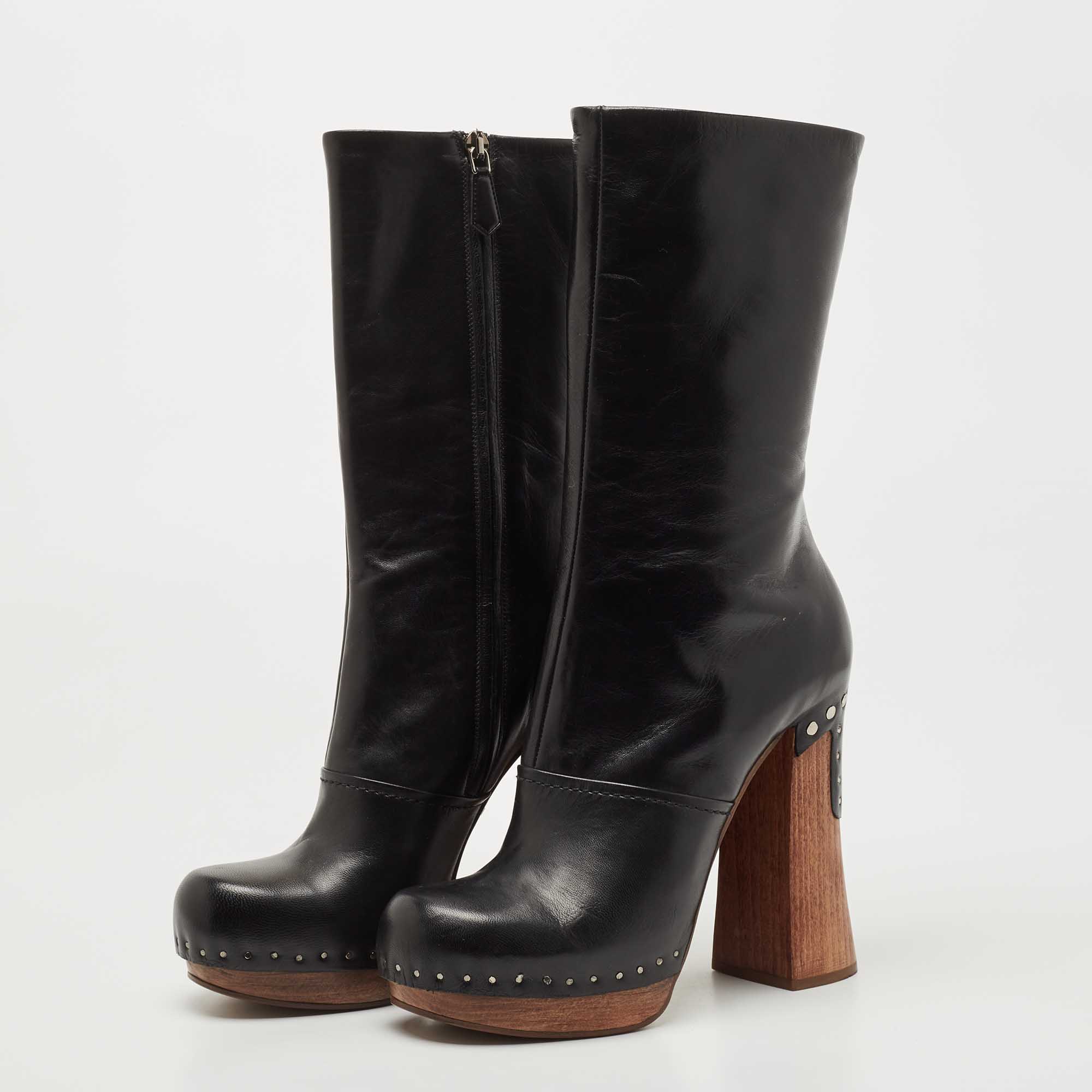 

Prada Black Leather Calf Length Boots Size