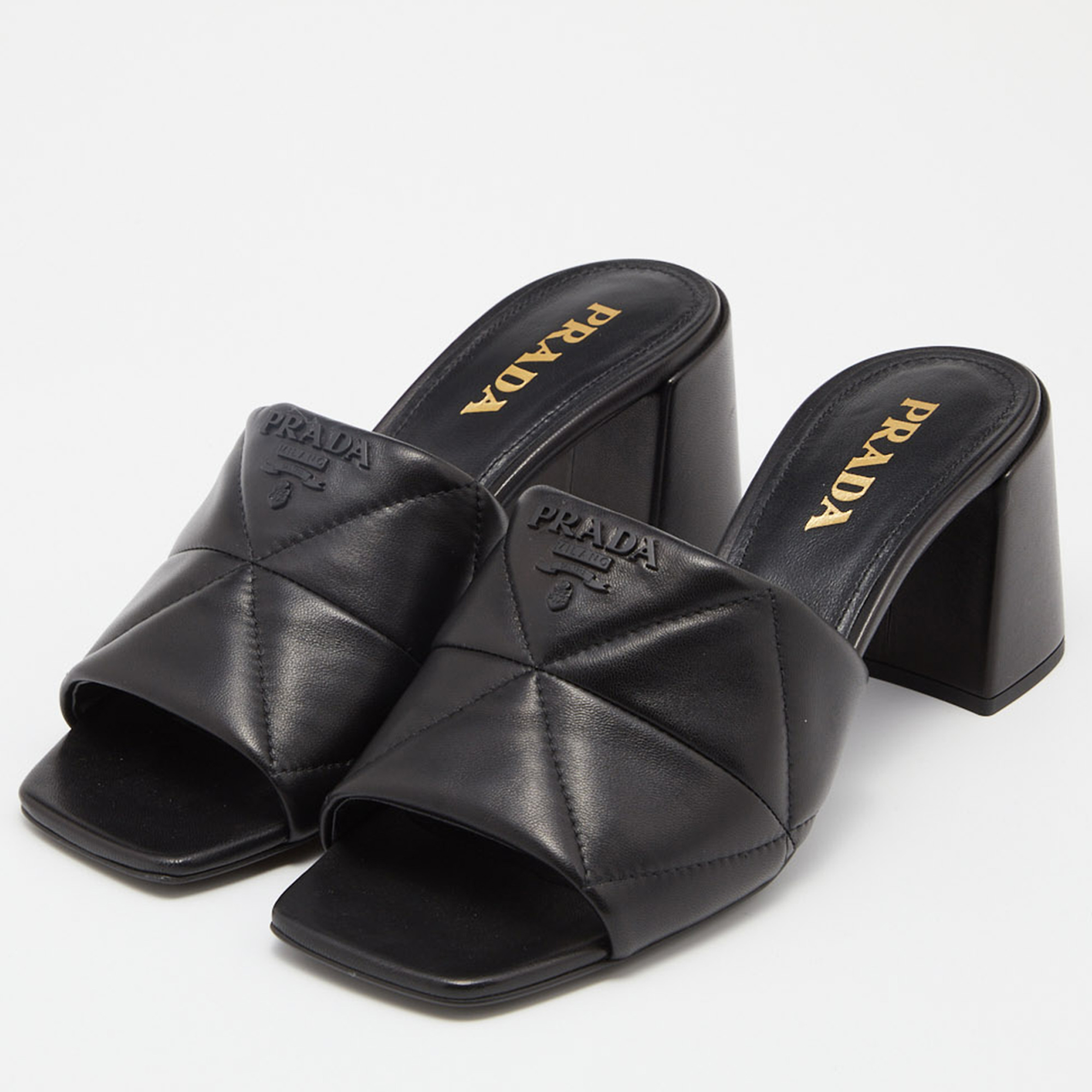 

Prada Black Quilted Leather Logo Slide Sandals Size