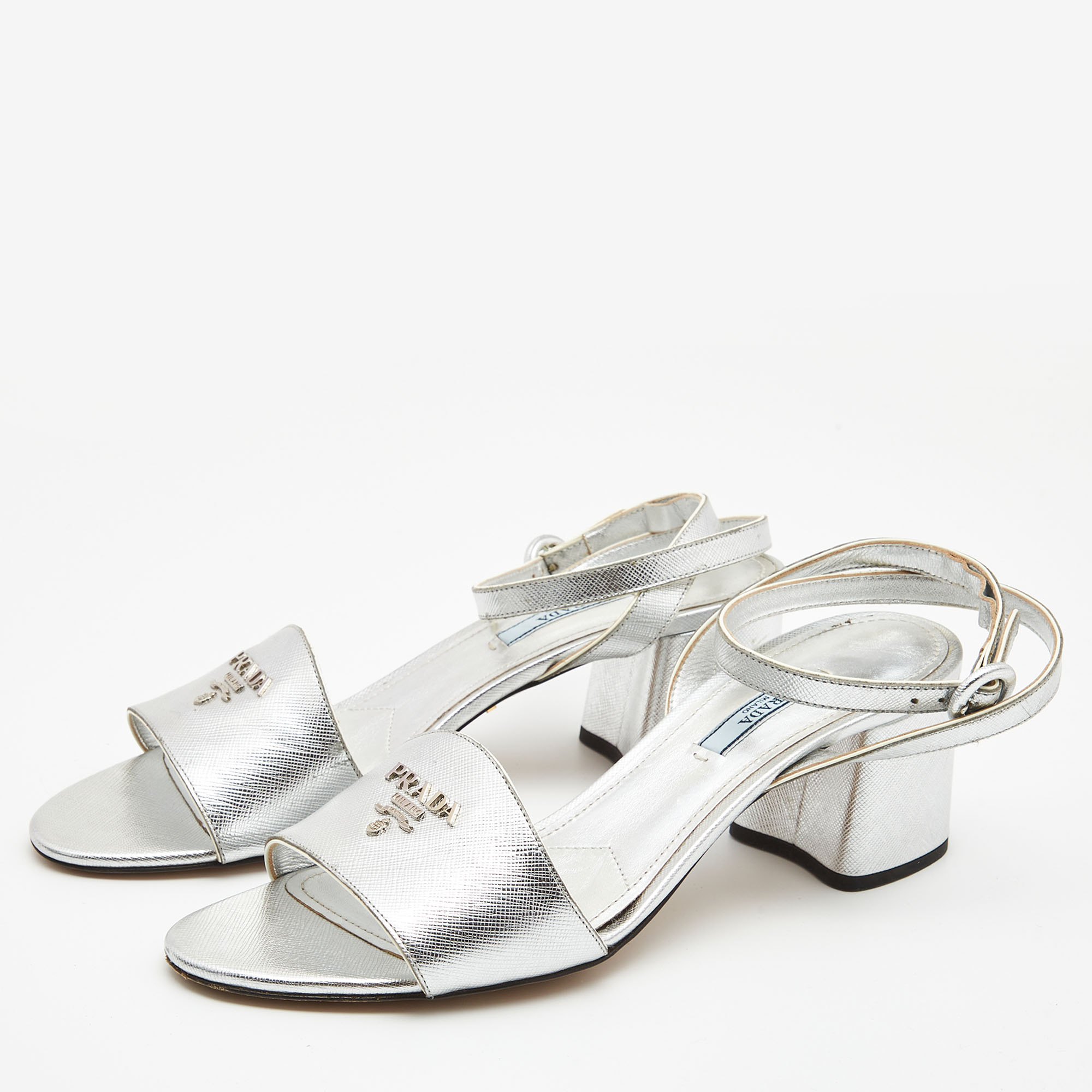 

Prada Silver Foil Leather Block Heel Ankle Strap Sandals Size