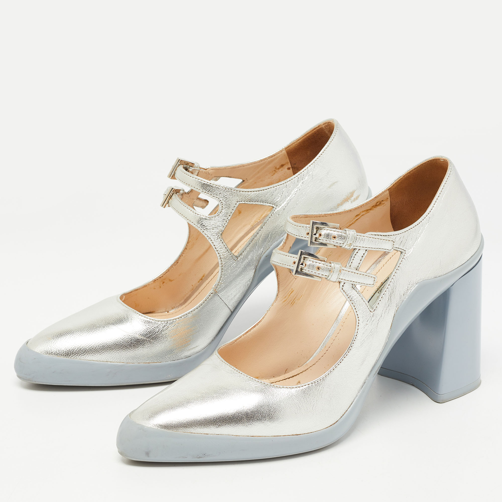 

Prada Silver Leather Block Heel Pumps Size