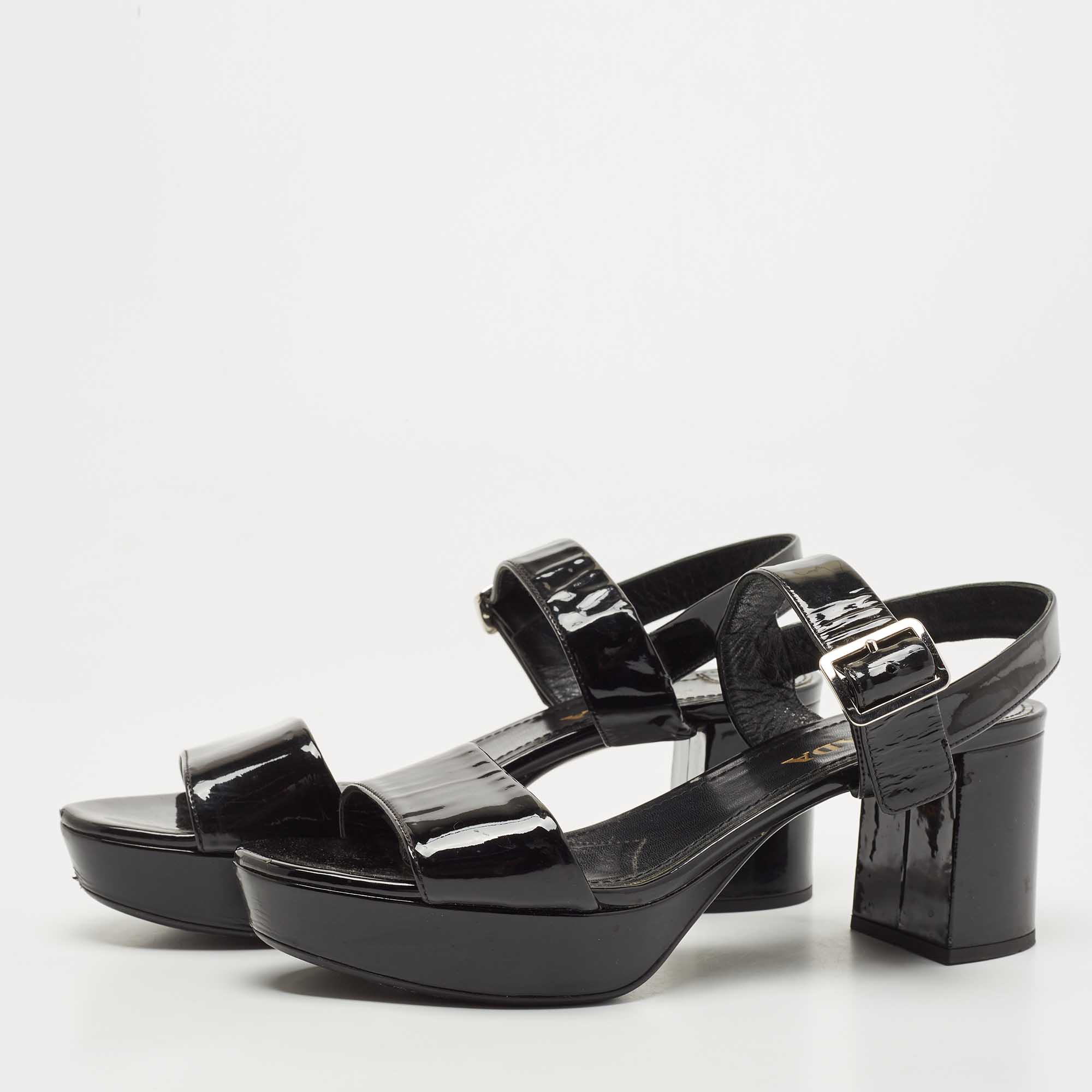 

Prada Black Patent Leather Ankle Strap Block Heel Sandals Size