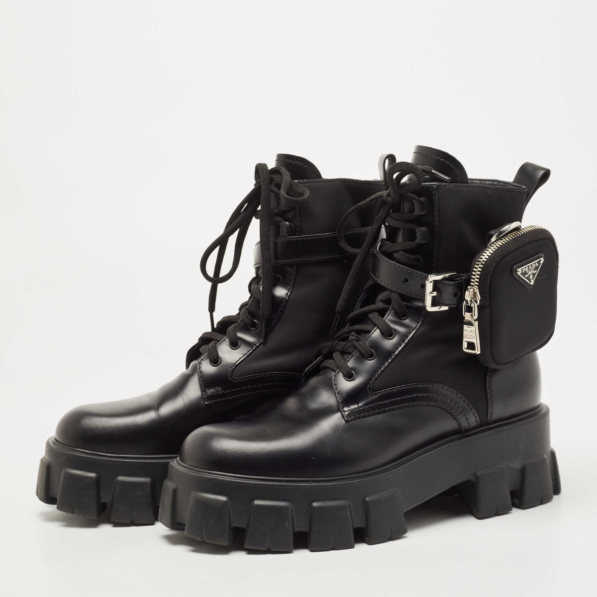 

Prada Black Leather and Nylon Monolith Ankle Boots Size