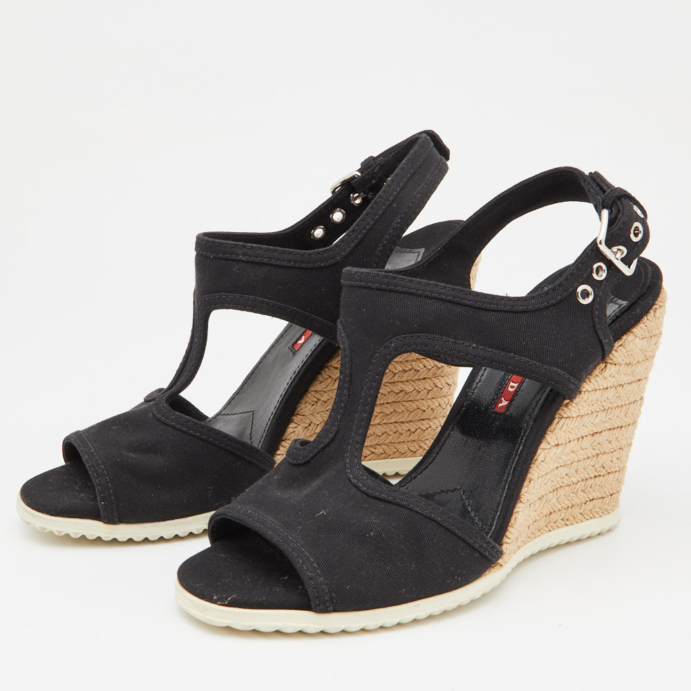 

Prada Black Canvas Wedge Sport Sandals Size