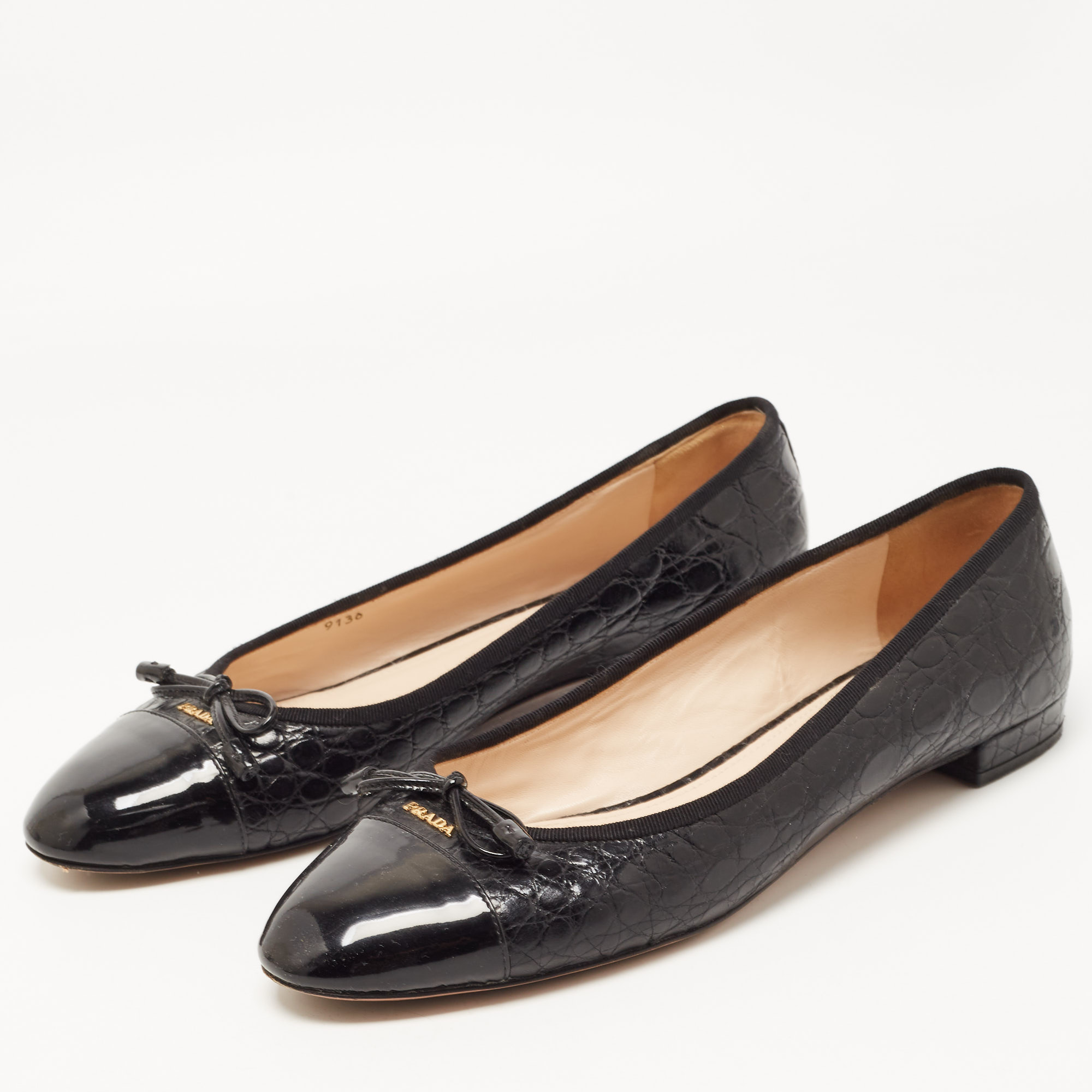 

Prada Black Croc Embossed and Patent Leather Bow Ballet Flats Size