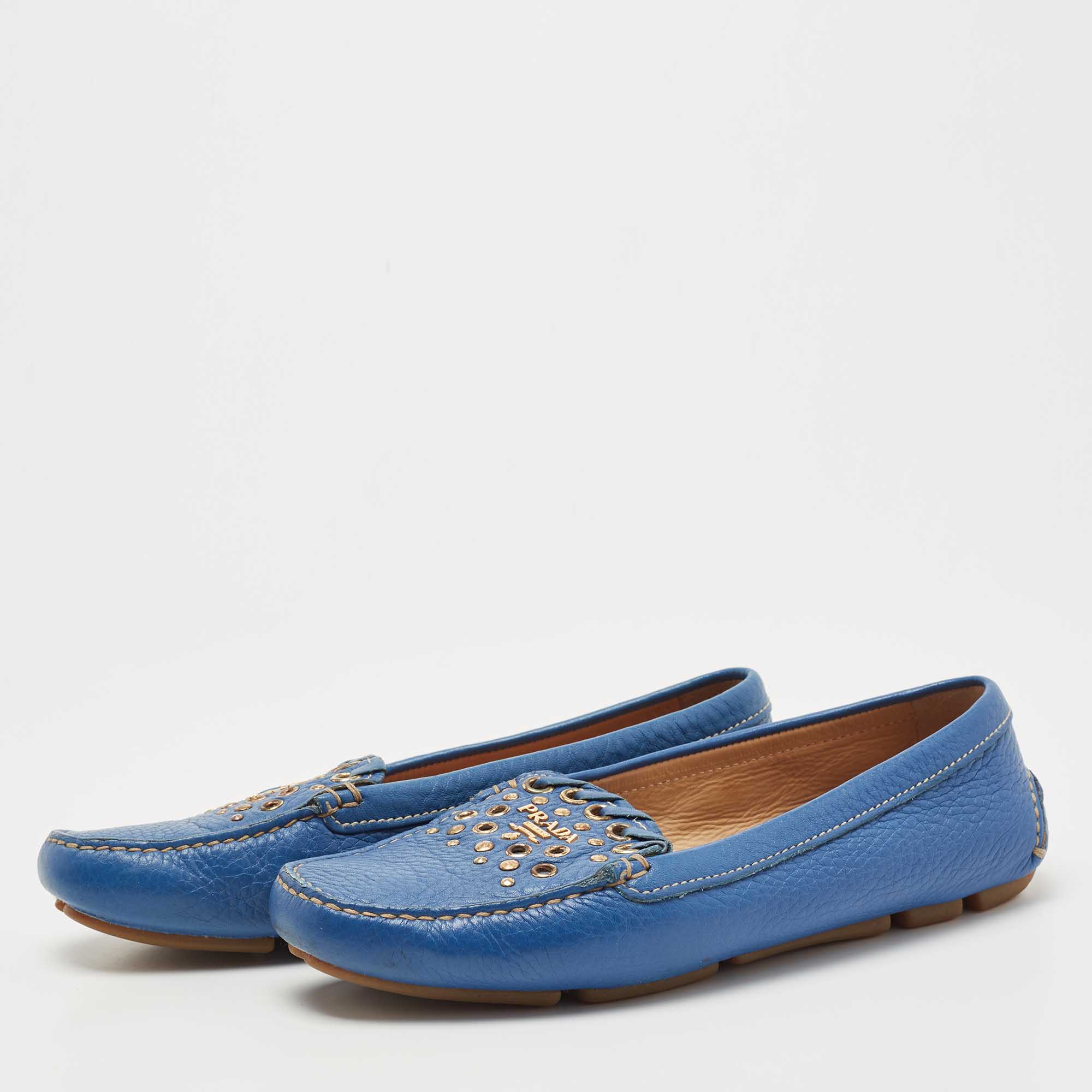 

Prada Blue Leather Studded Slip On Loafers Size