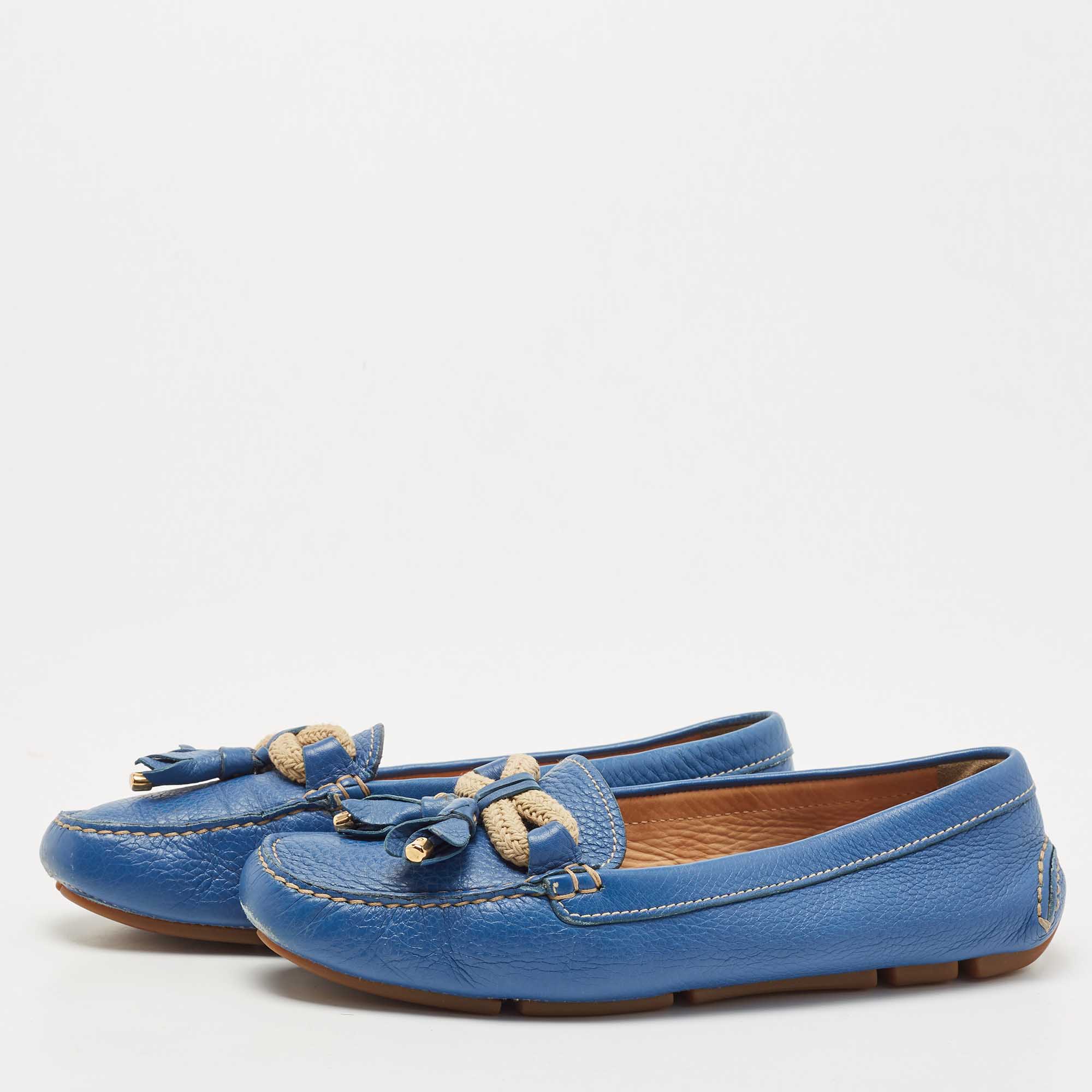 

Prada Blue Leather Tassel Slip On Loafers Size