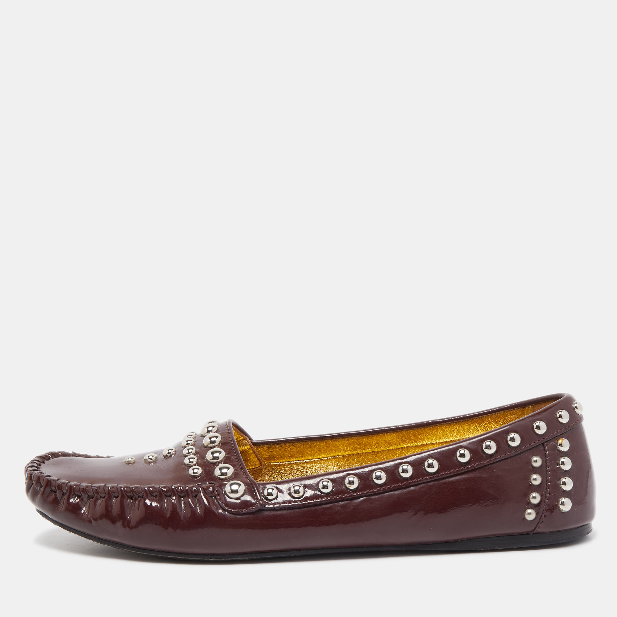Pre-owned Prada Burgundy Patent Leather Studded Loafers Size 39