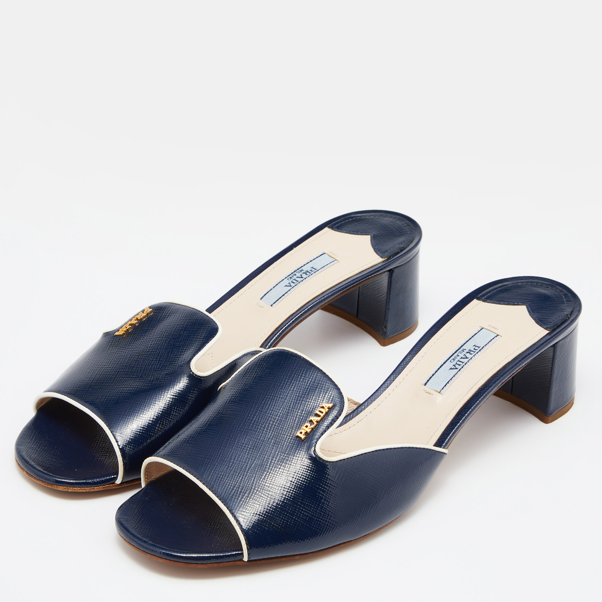 

Prada Blue/White Saffiano Patent Leather Block Heel Slides Size