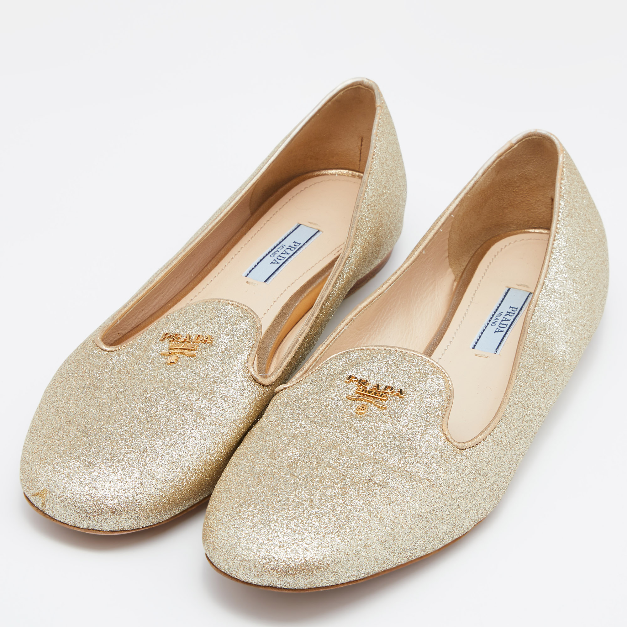 

Prada Gold Glitter and Leather Smoking Slippers Size