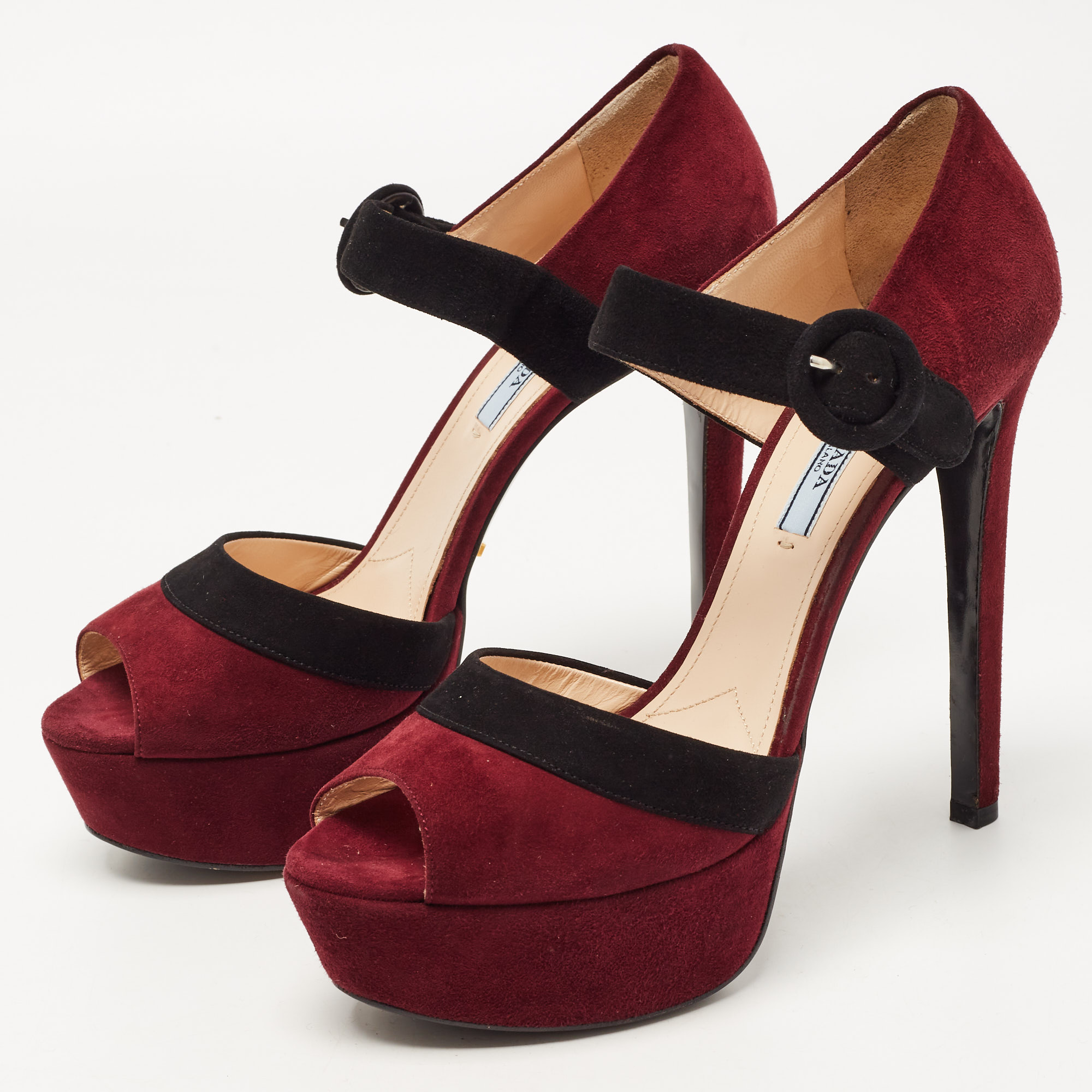 

Prada Burgundy/Black Suede Peep Toe Platform Ankle Strap Sandals Size