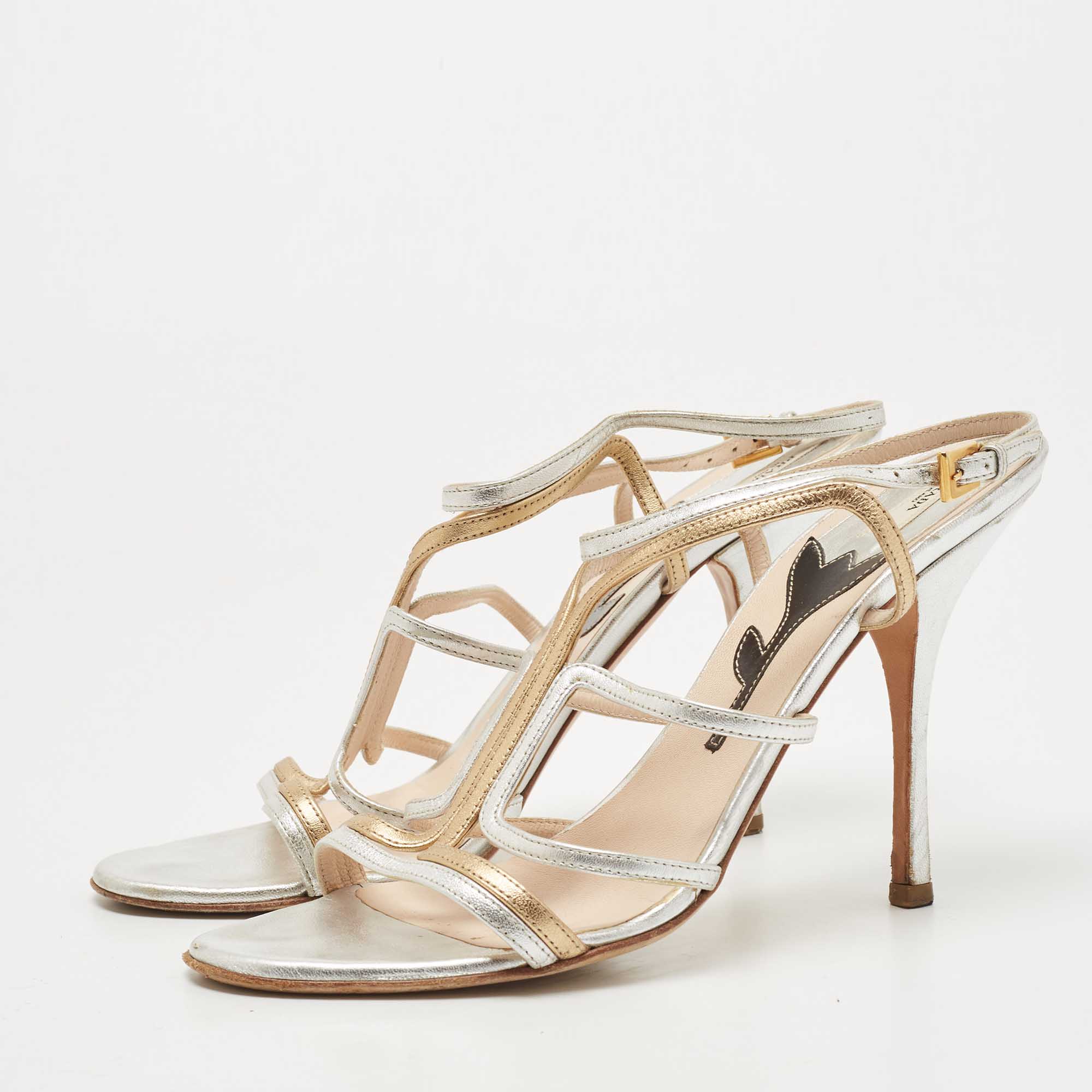 

Prada Silver/Gold Leather Strappy Sandals Size