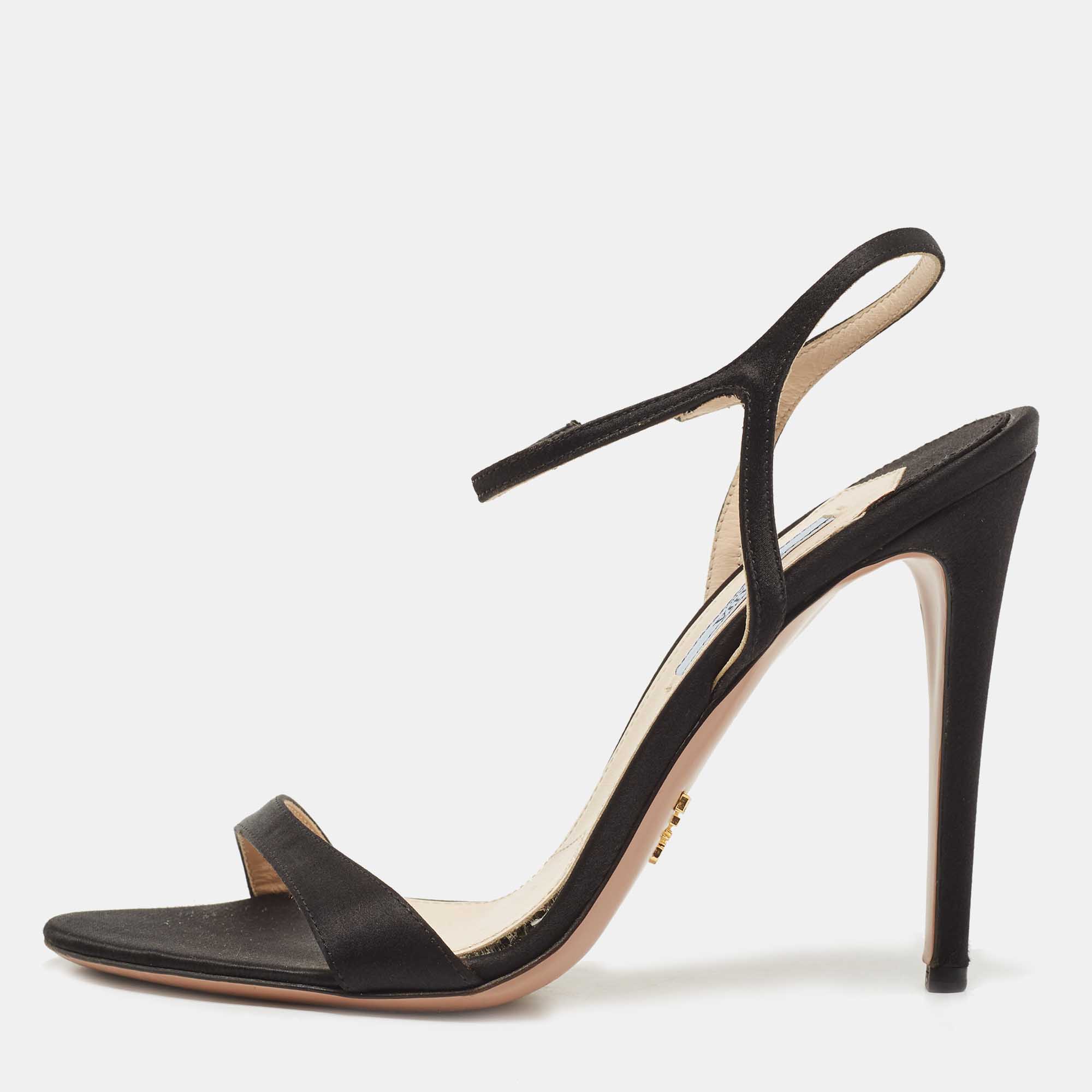Black Satin Ankle Strap Sandals Size 38