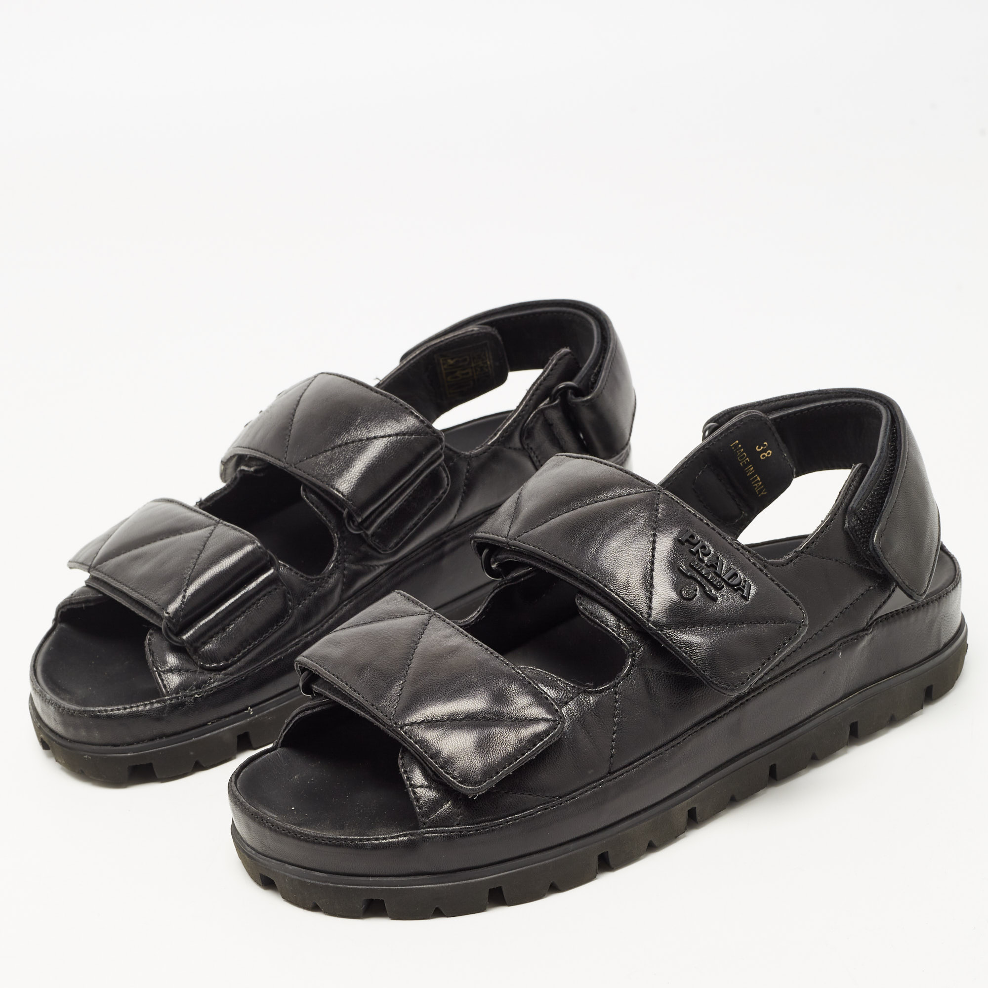 

Prada Black Quilted Leather Velcro Strap Flat Sandals Size