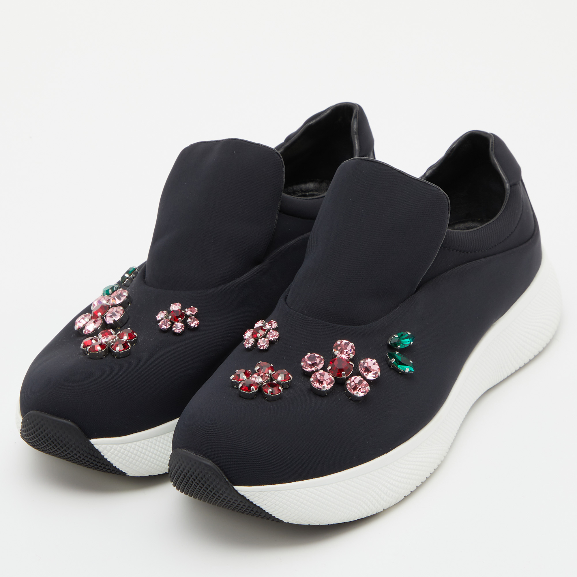 

Prada Black Neoprene Crystal Embellished Slip On Sneakers Size