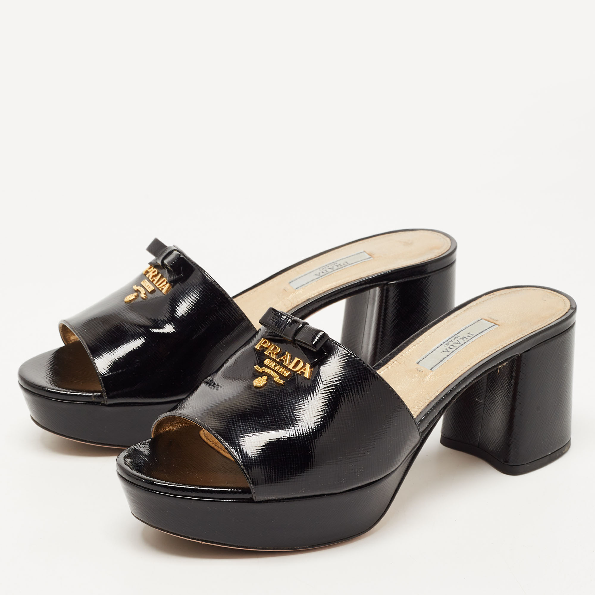 

Prada Black Saffiano Leather Logo Bow Platform Slide Sandals Size