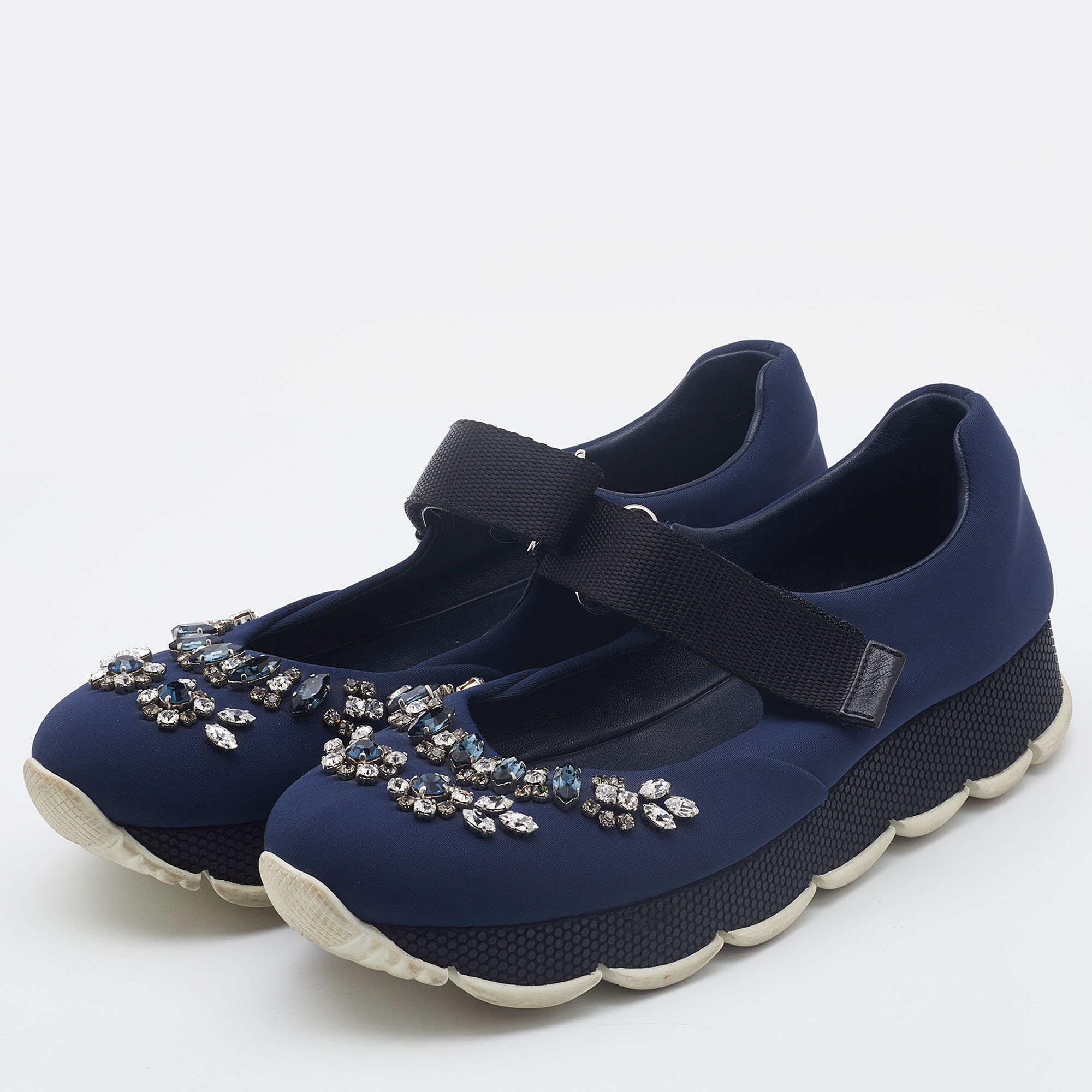 

Prada Navy Blue Fabric Crystal Embellished Mary Jane Sneakers Size